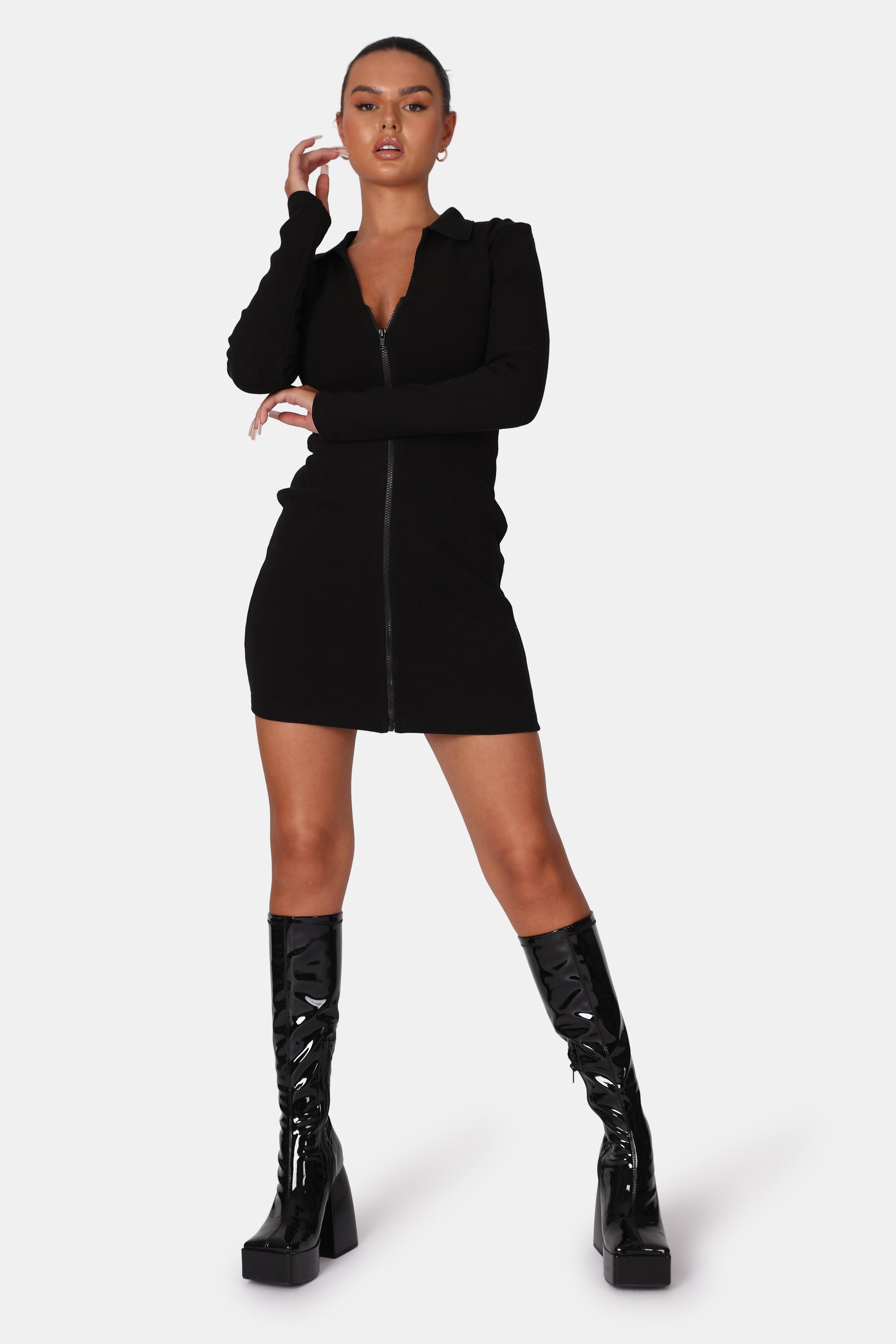 ZIP THROUGH COLLARED MINI DRESS BLACK