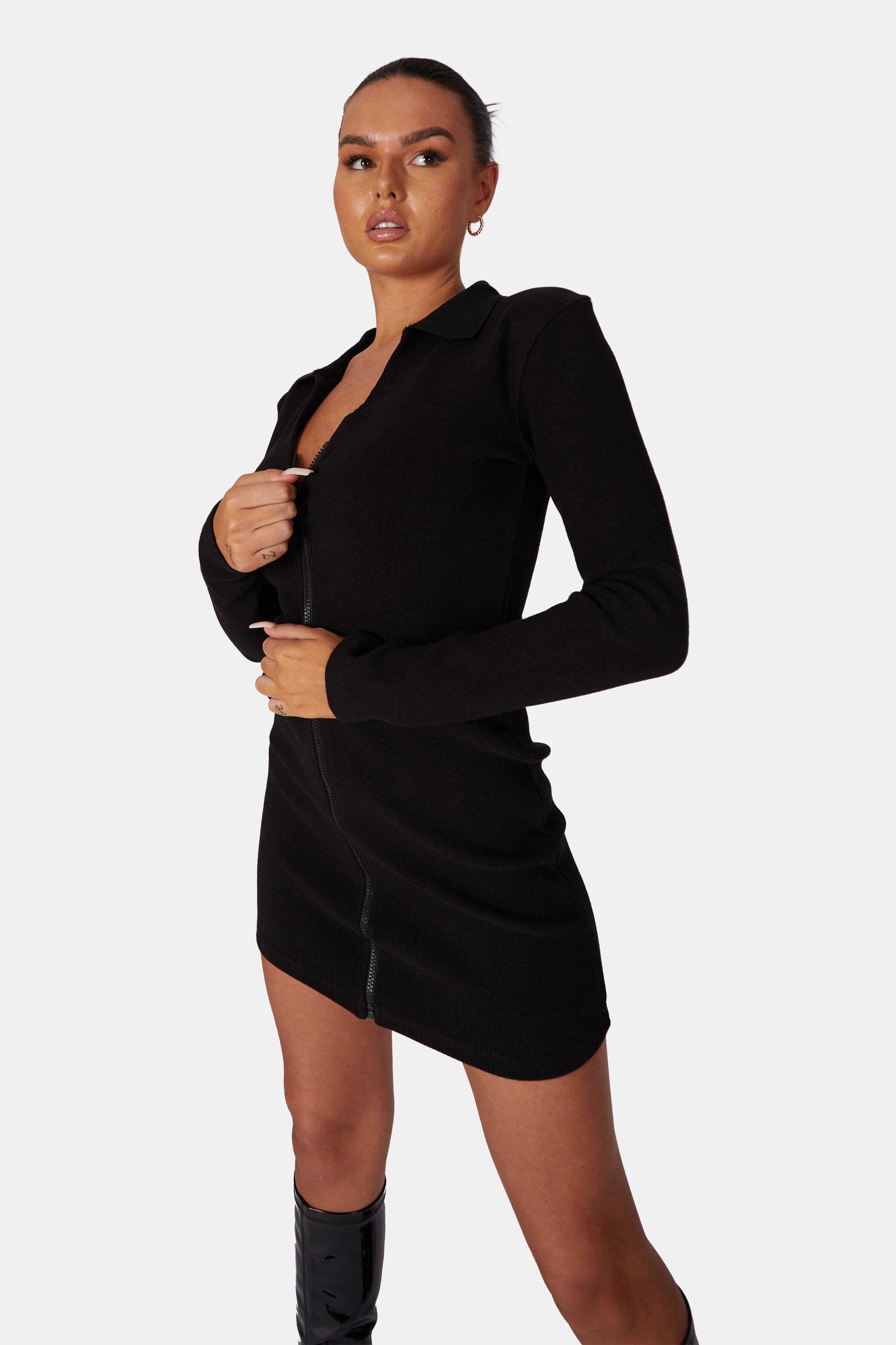 ZIP THROUGH COLLARED MINI DRESS BLACK