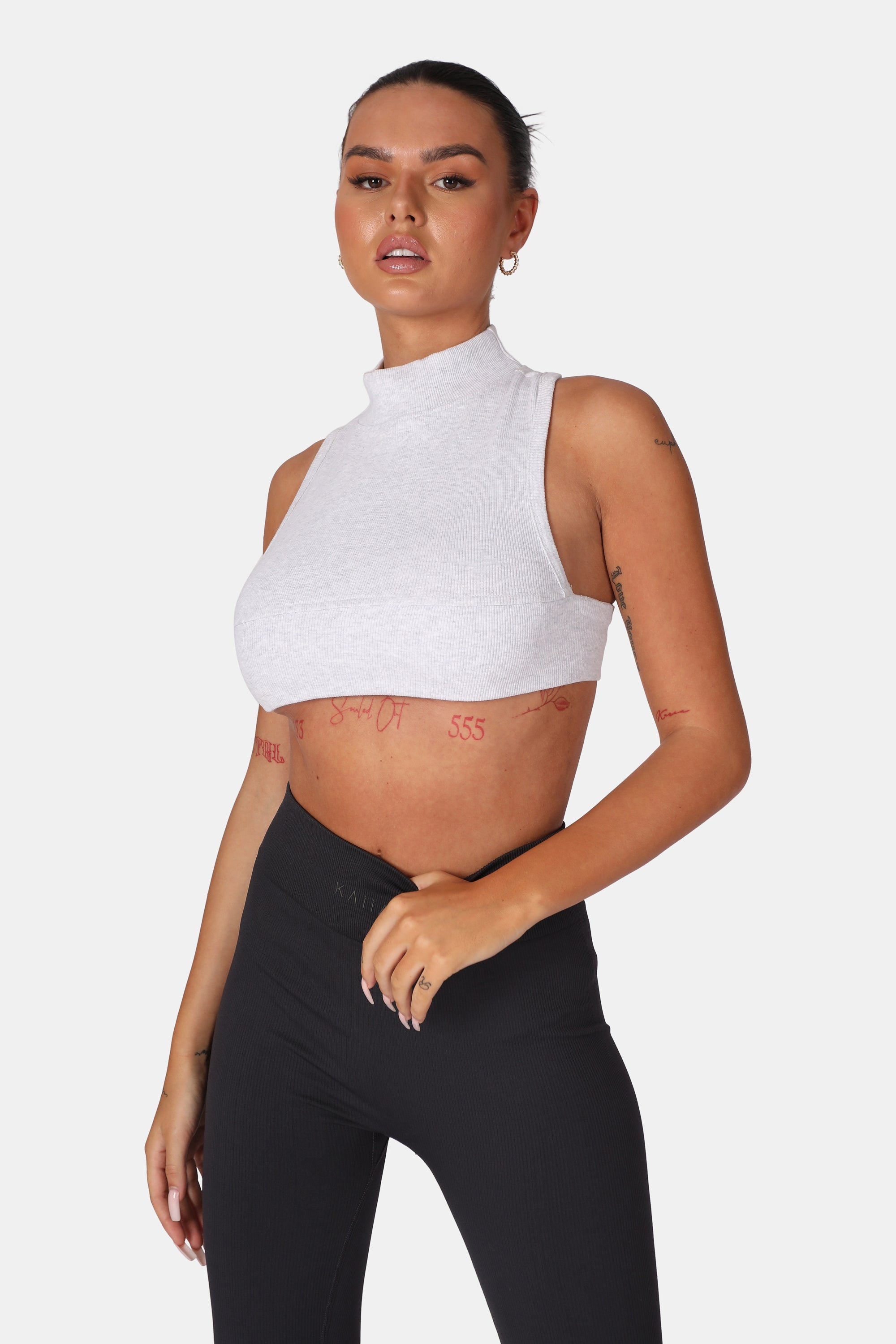 HIGH NECK RACER LOW SIDE RIB CROP TOP OATMEAL MARL