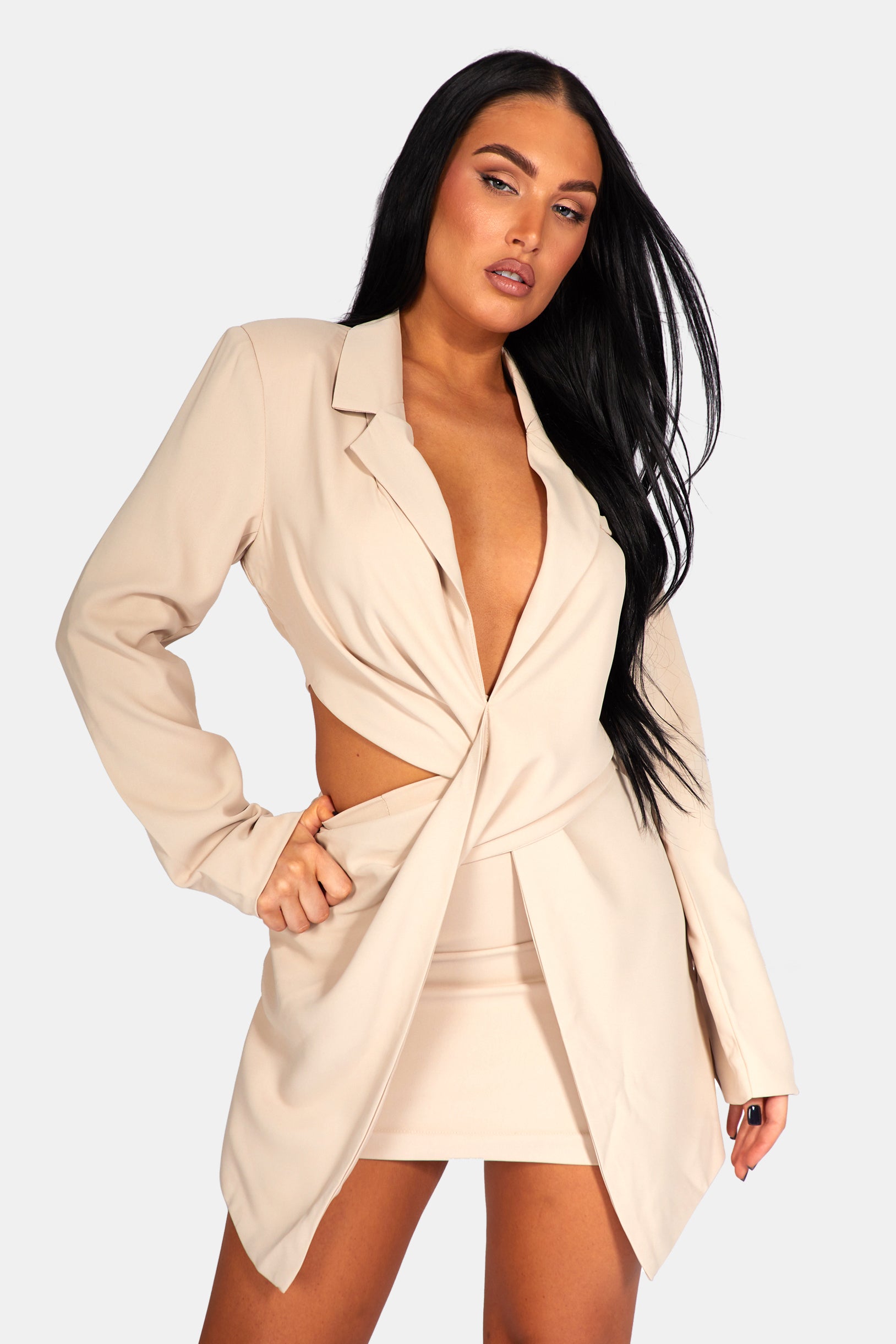 TWIST FRONT BLAZER MINI DRESS STONE