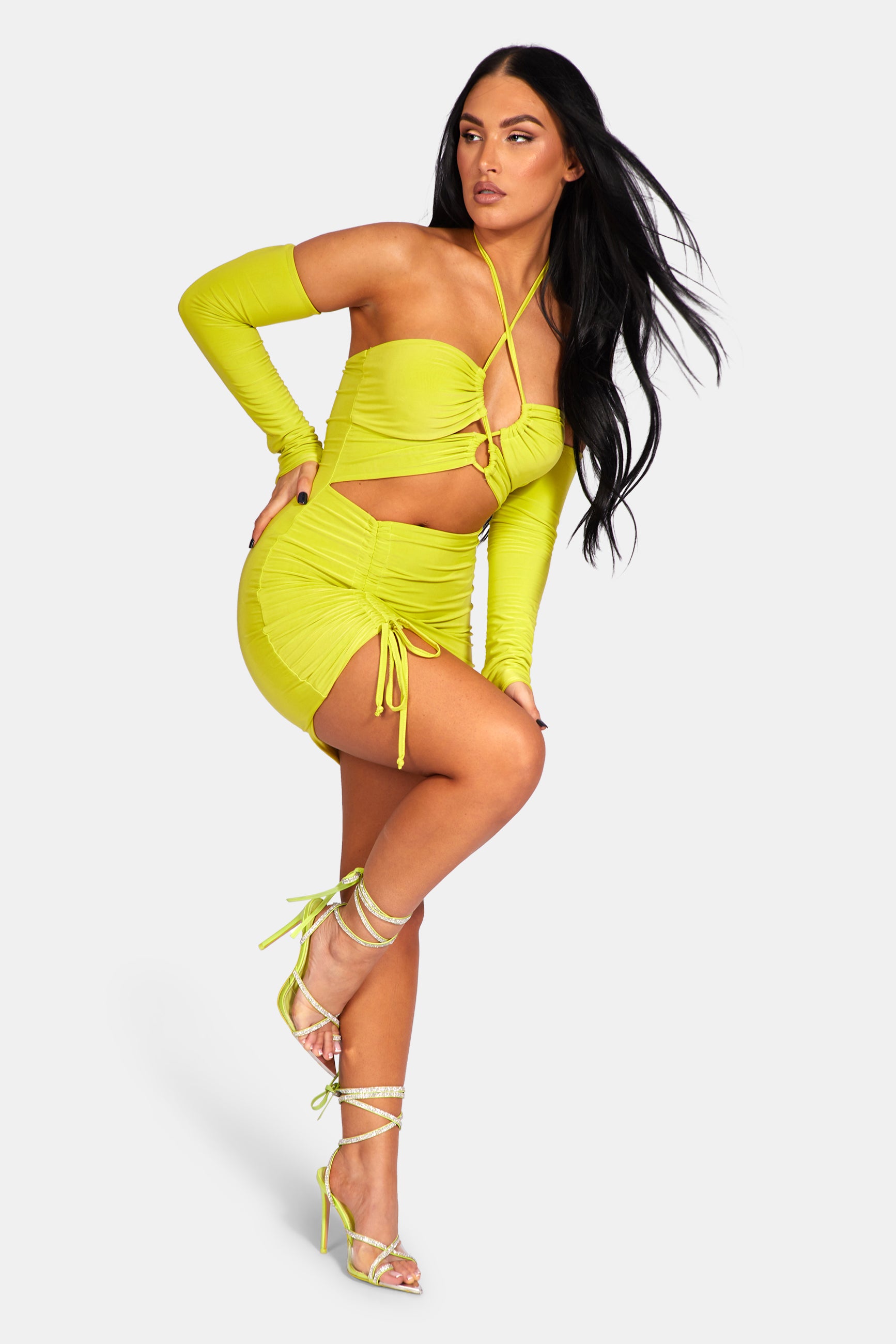 STRAPPY CUT AWAY SLINKY DRESS LIME