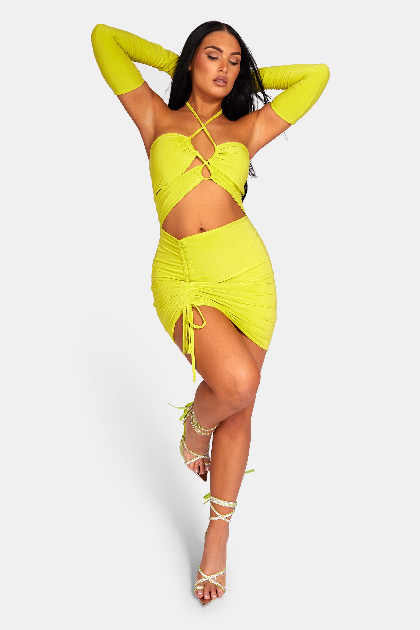 STRAPPY CUT AWAY SLINKY DRESS LIME