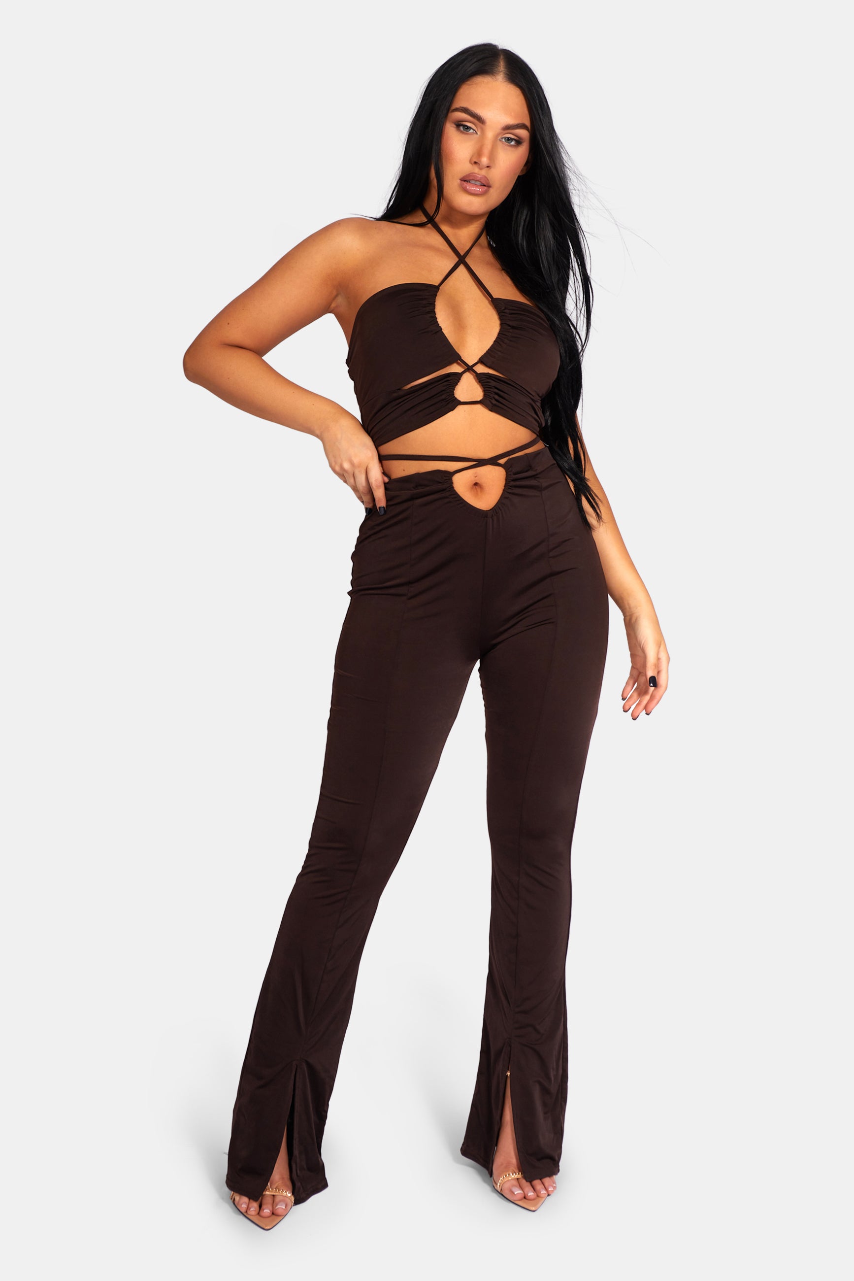 LOOP RUCHED HIGH WAIST SPLIT TROUSERS CHOCOLATE