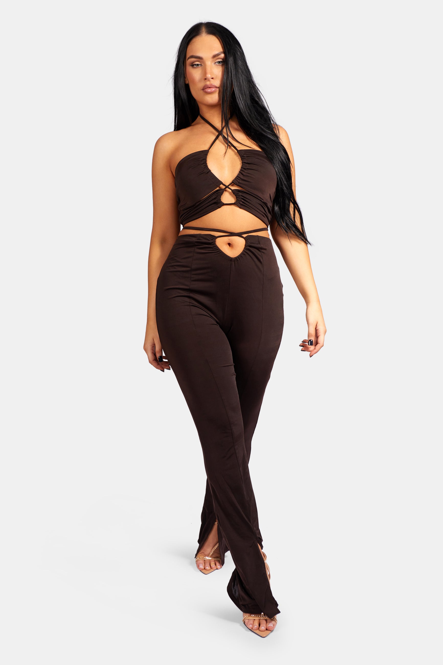 LOOP RUCHED HIGH WAIST SPLIT TROUSERS CHOCOLATE