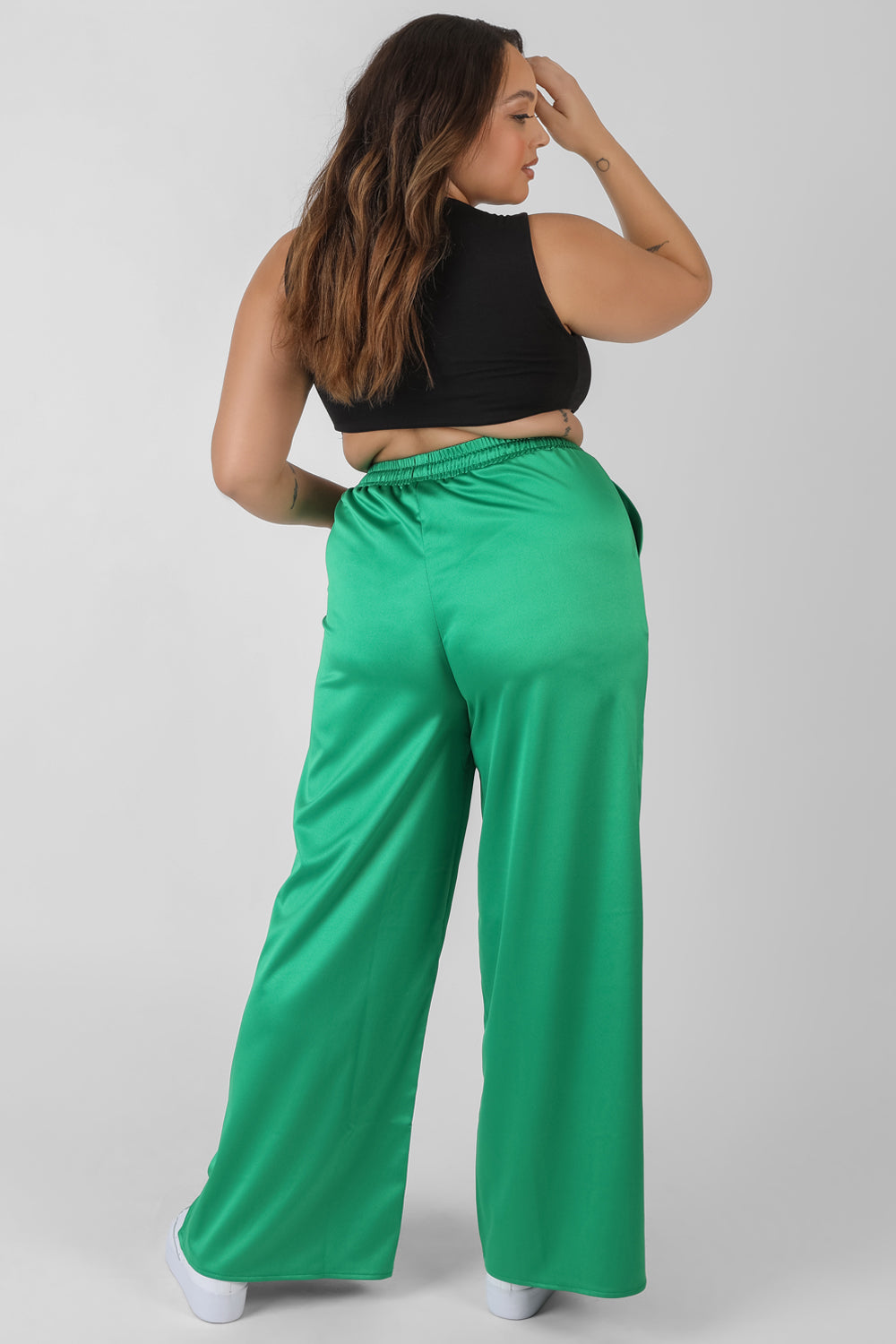 CURVE SATIN WIDE LEG TROUSERS GREEN