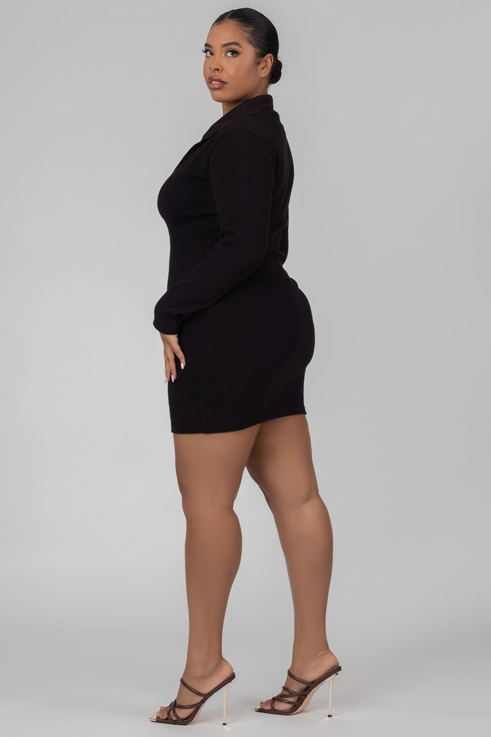 CURVE ZIP THROUGH COLLARED MINI DRESS BLACK