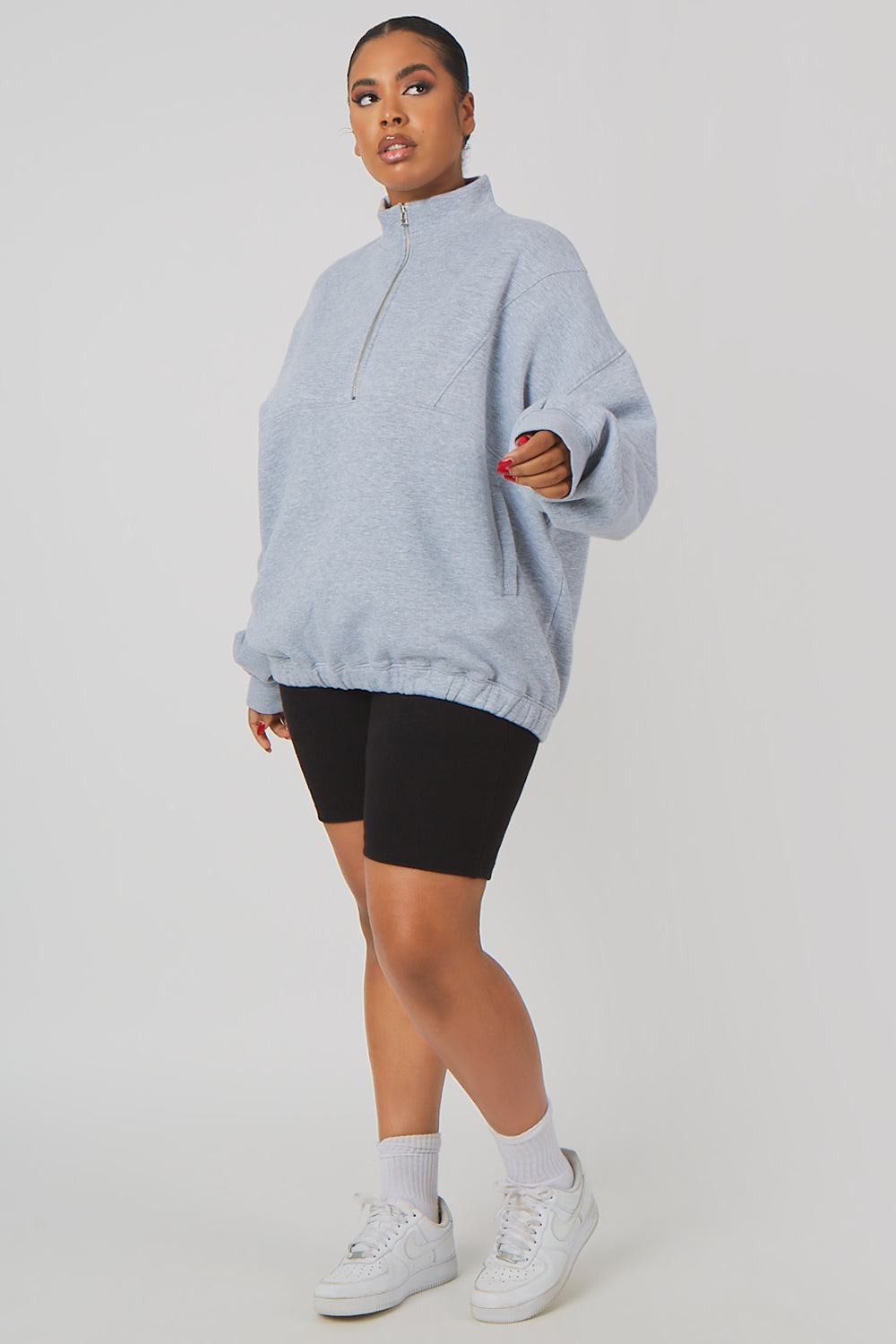 CURVE OVERSIZED HALF ZIP POCKET FRONT SWEATSHIRT GREY MARL