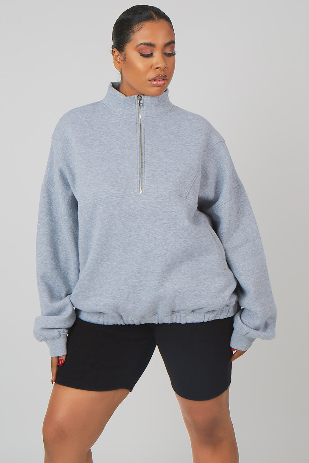 CURVE OVERSIZED HALF ZIP POCKET FRONT SWEATSHIRT GREY MARL