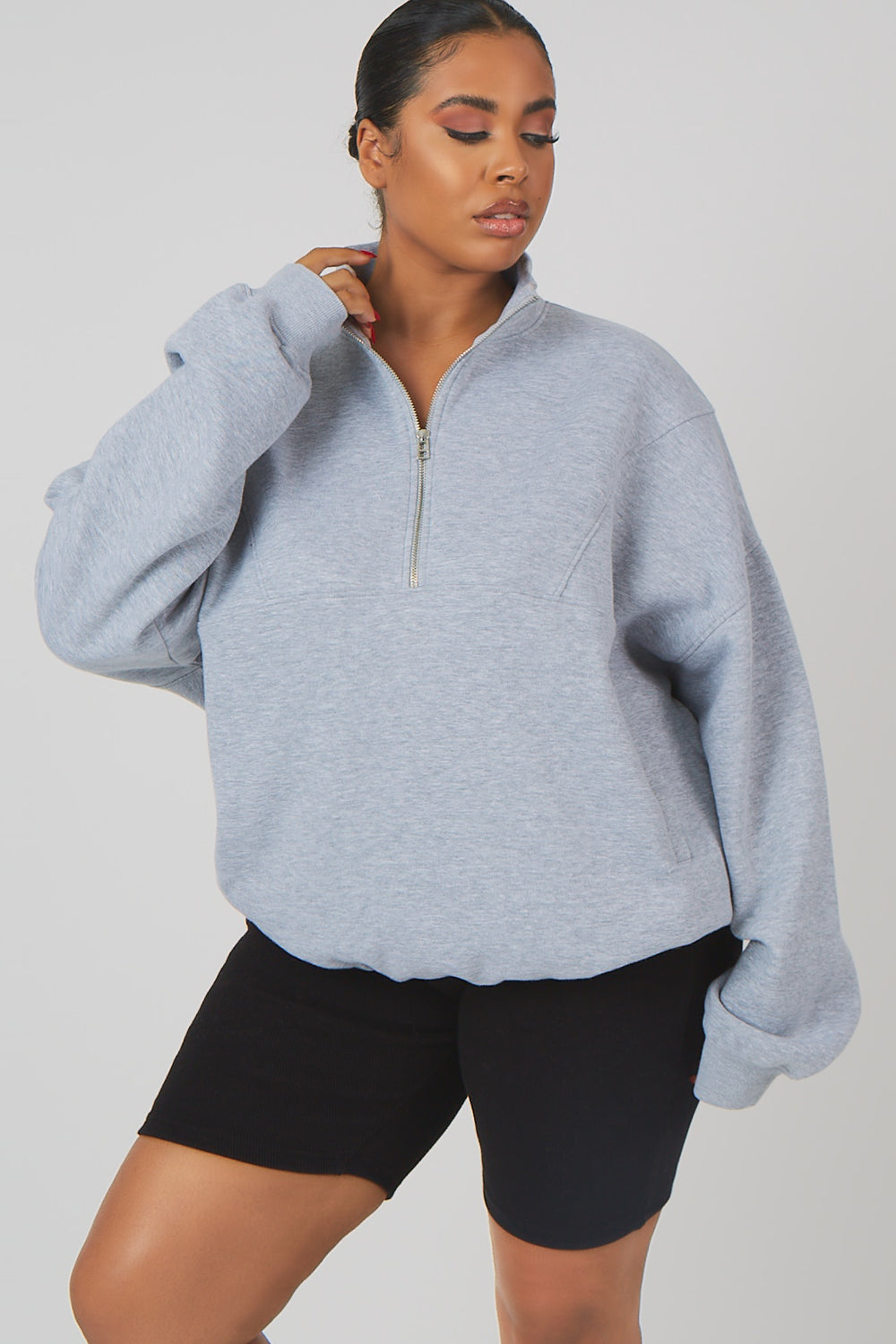 CURVE OVERSIZED HALF ZIP POCKET FRONT SWEATSHIRT GREY MARL