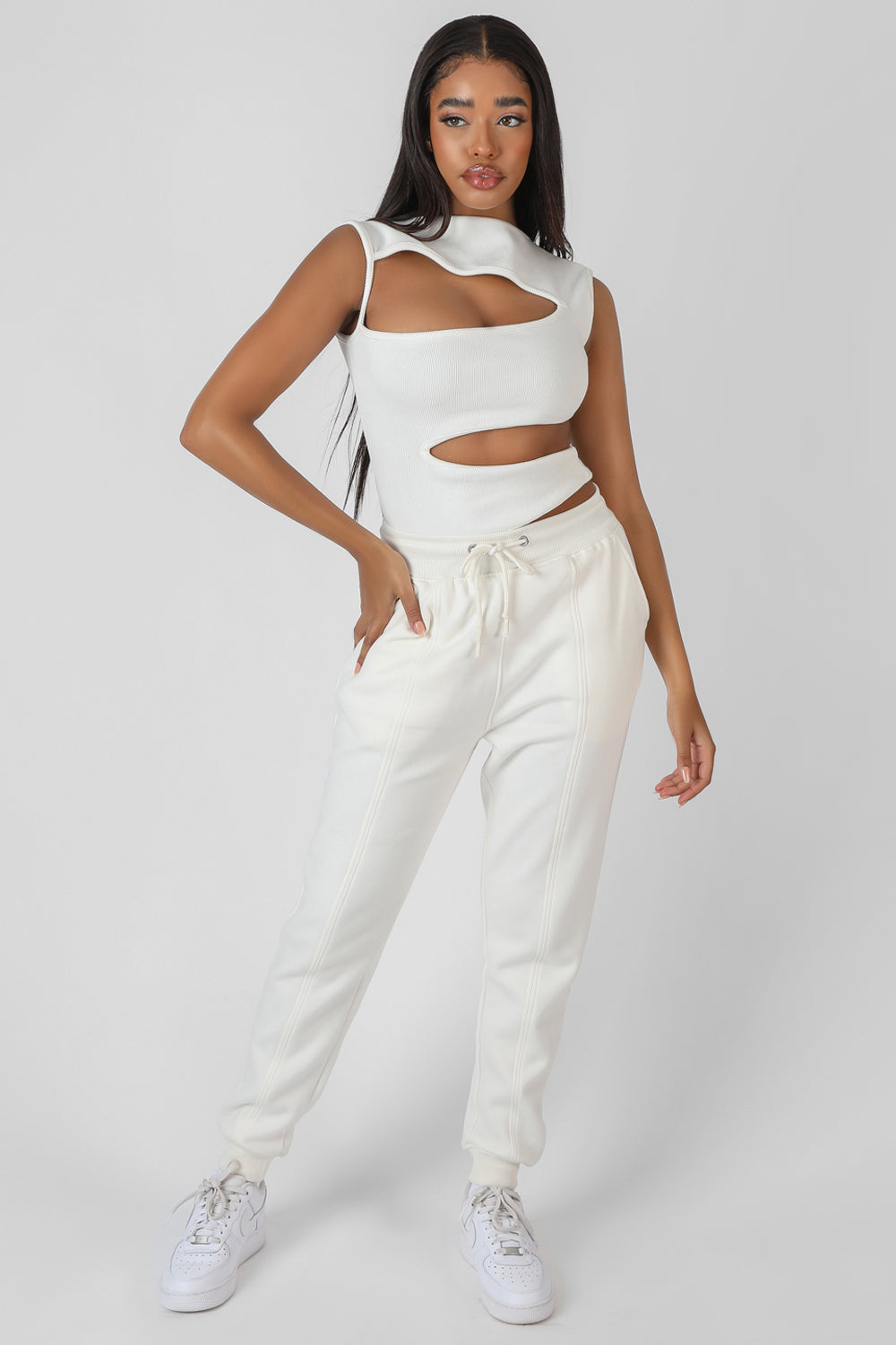 ASYMMETRIC CUT AWAY BODYSUIT WHITE