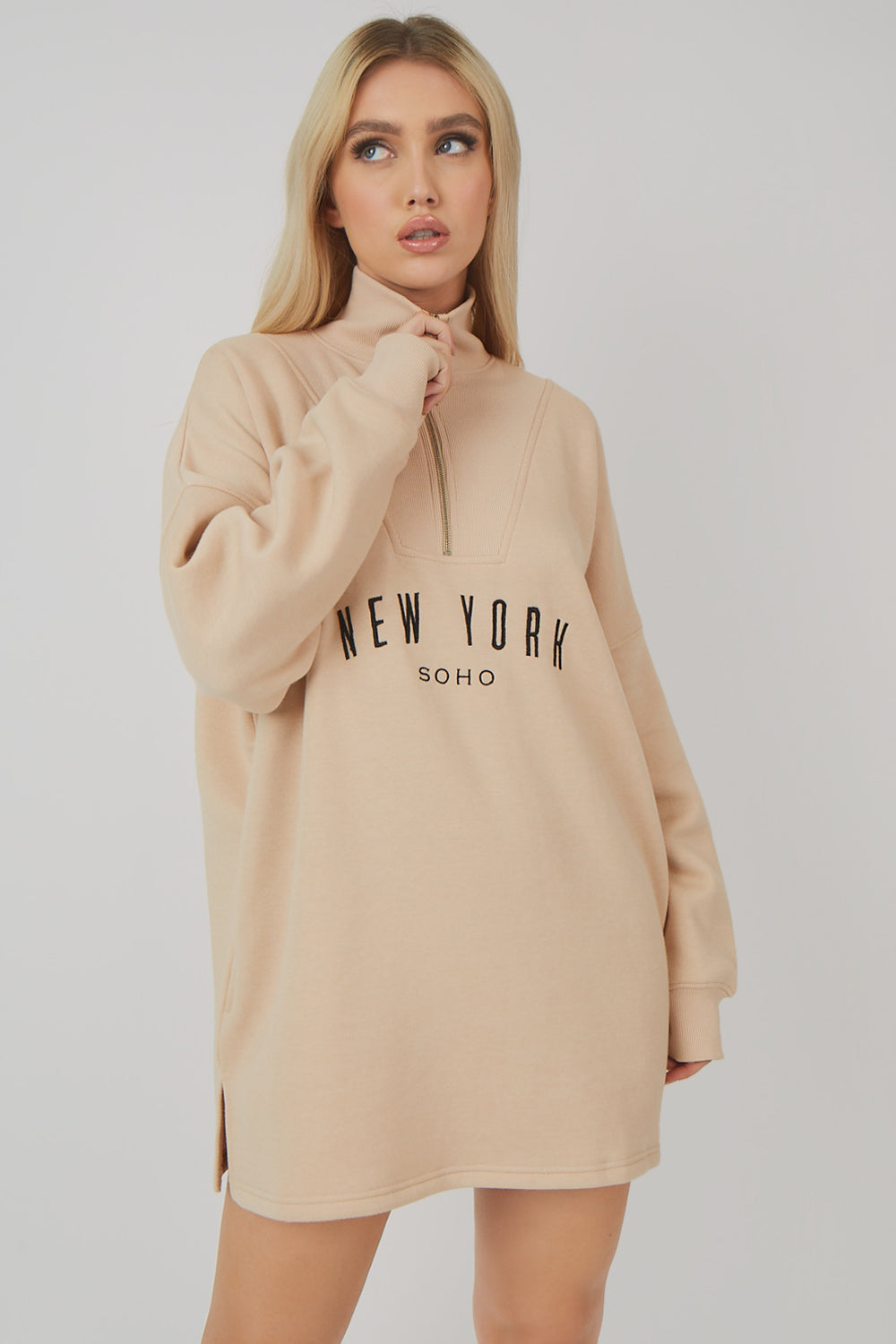 OVERSIZE HALF ZIP SWEATER DRESS STONE