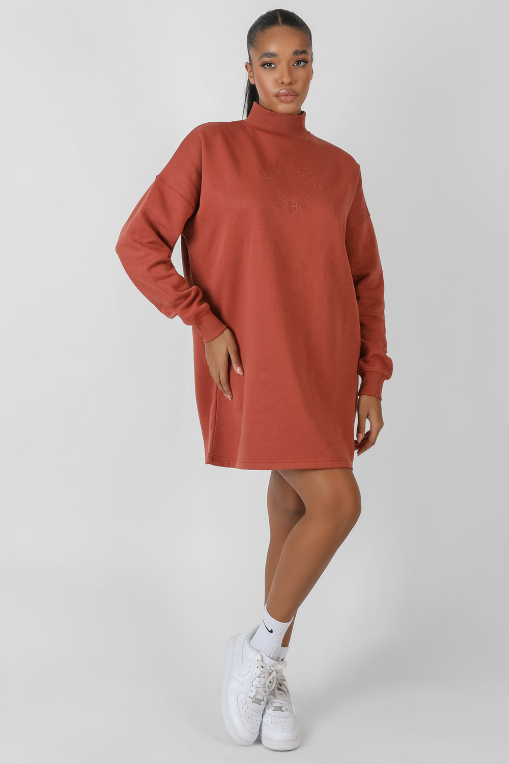 HIGH NECK EMBROIDERED SWEATER DRESS RUST