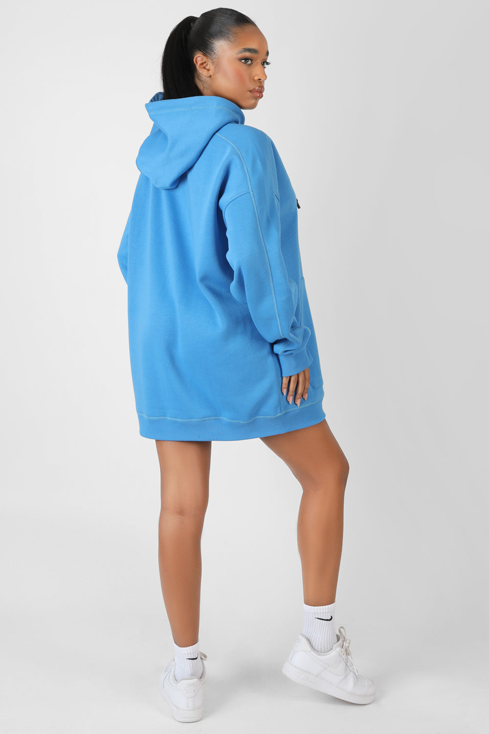 CONTRAST STITCH SLOGAN HOODIE SWEAT DRESS BLUE