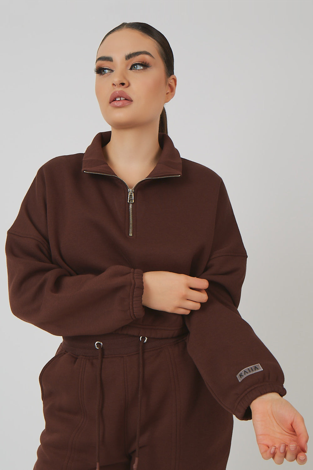 OVERSIZED HALF ZIP PULLOVER GATHERED HEM SWEAT CHOCOLATE