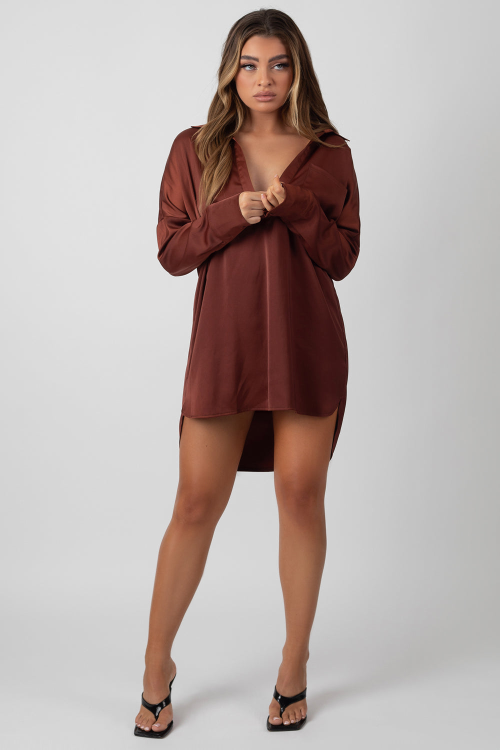 SATIN SHIRT DRESS CHOCOLATE