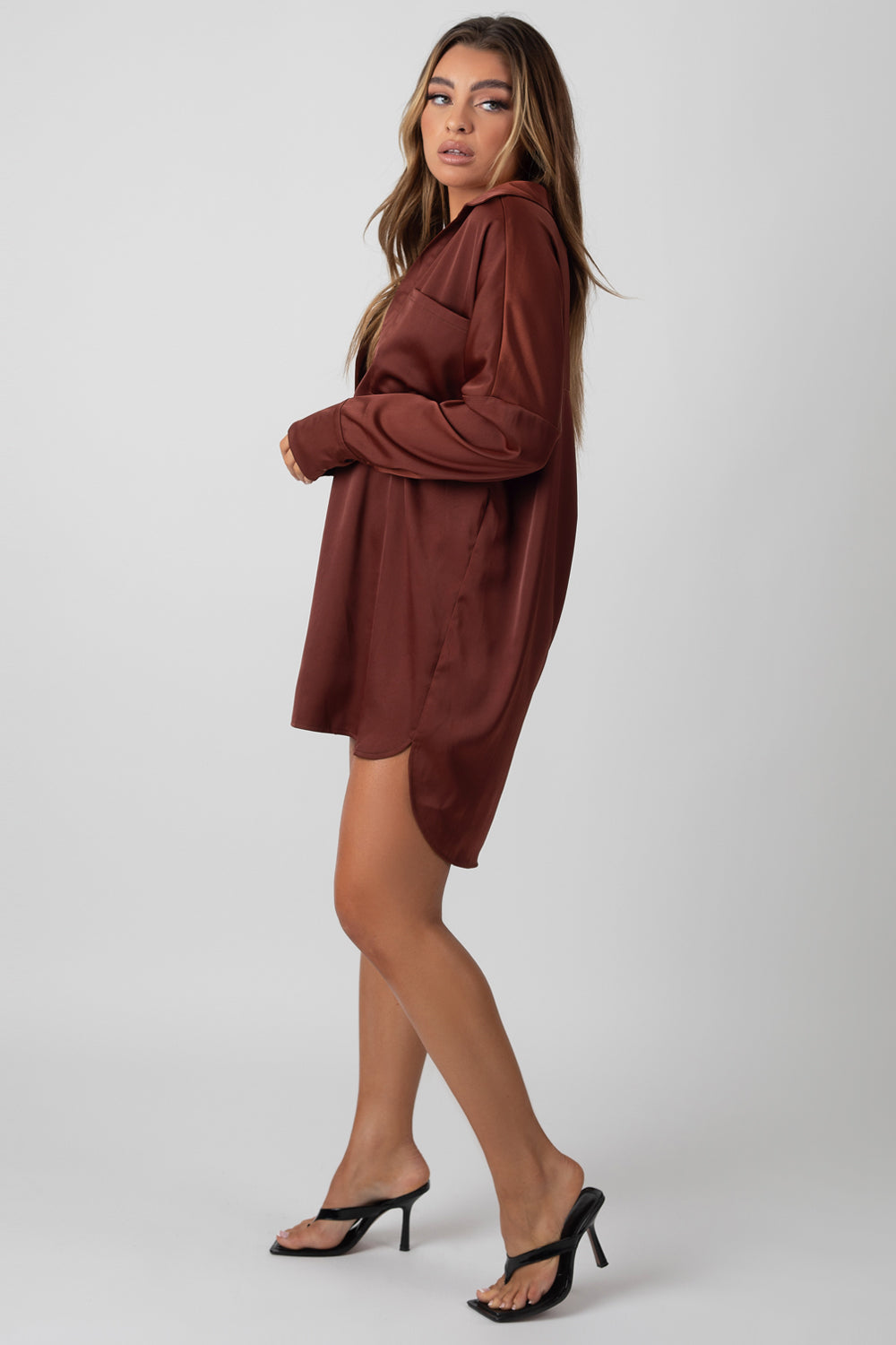 SATIN SHIRT DRESS CHOCOLATE