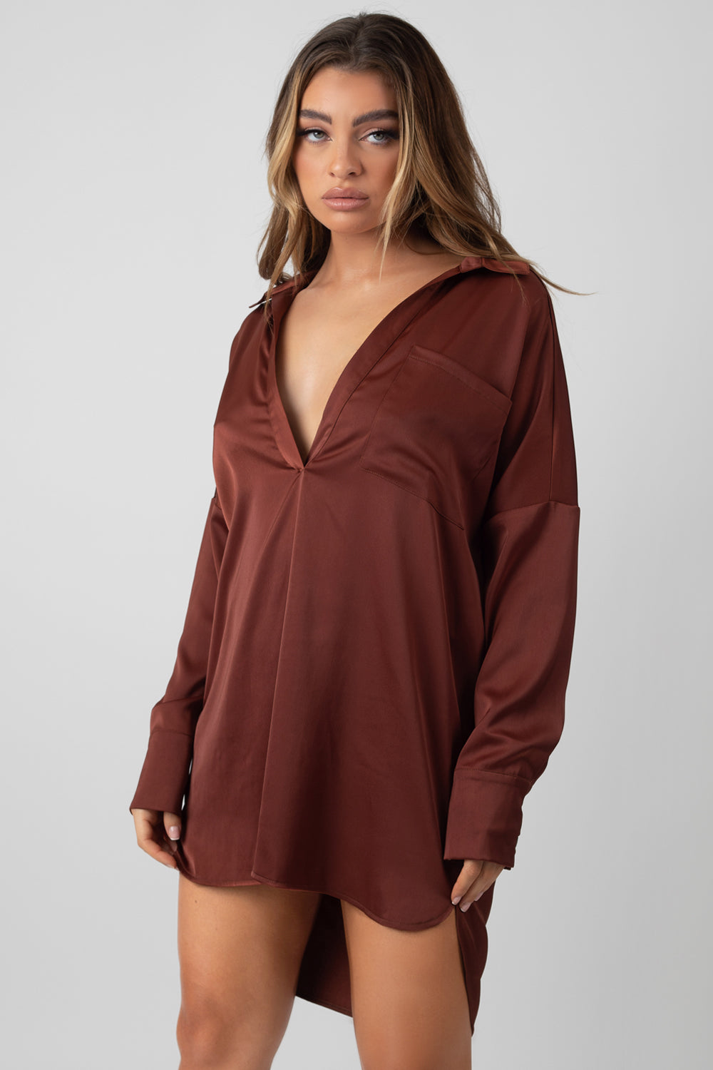 SATIN SHIRT DRESS CHOCOLATE