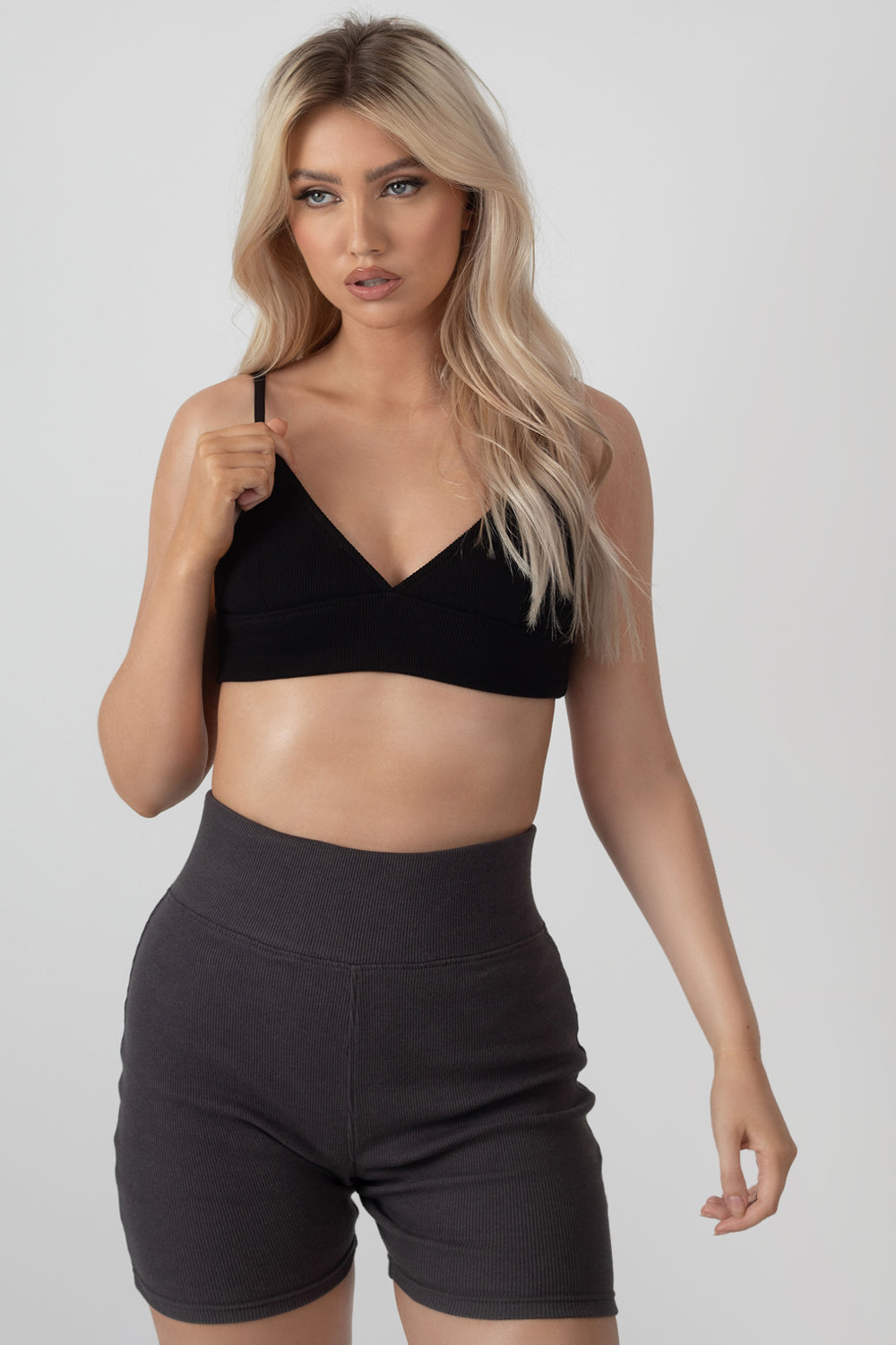 HIGH WAISTED RIB CYCLING SHORTS DARK GREY