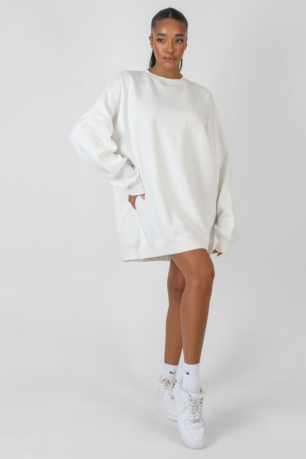 OVERSIZED EMBROIDERED TONAL SWEATSHIRT DRESS ECRU