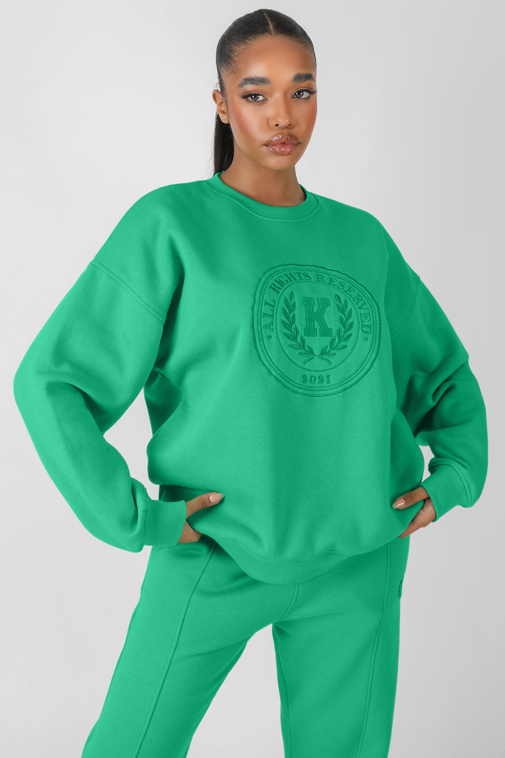 KAIIA OVERSIZED TONAL EMBROIDERED SWEATSHIRT GREEN