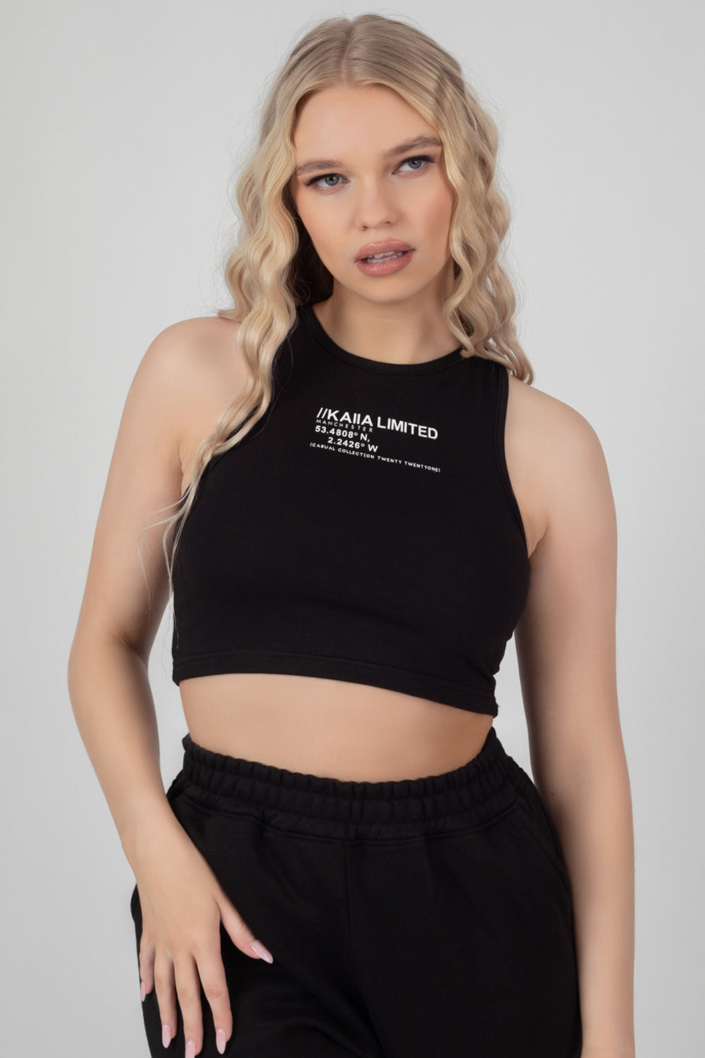 KAIIA PRINTED RACER CROP TOP BLACK