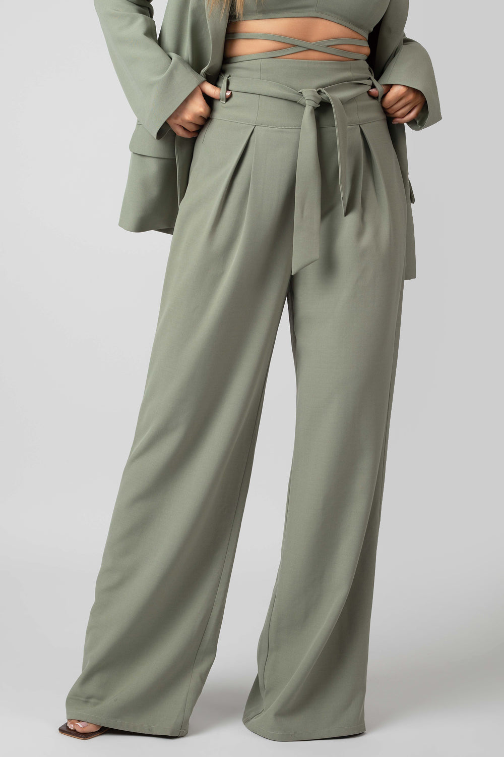 PREMIUM TIE WAIST WIDE LEG TROUSERS SAGE