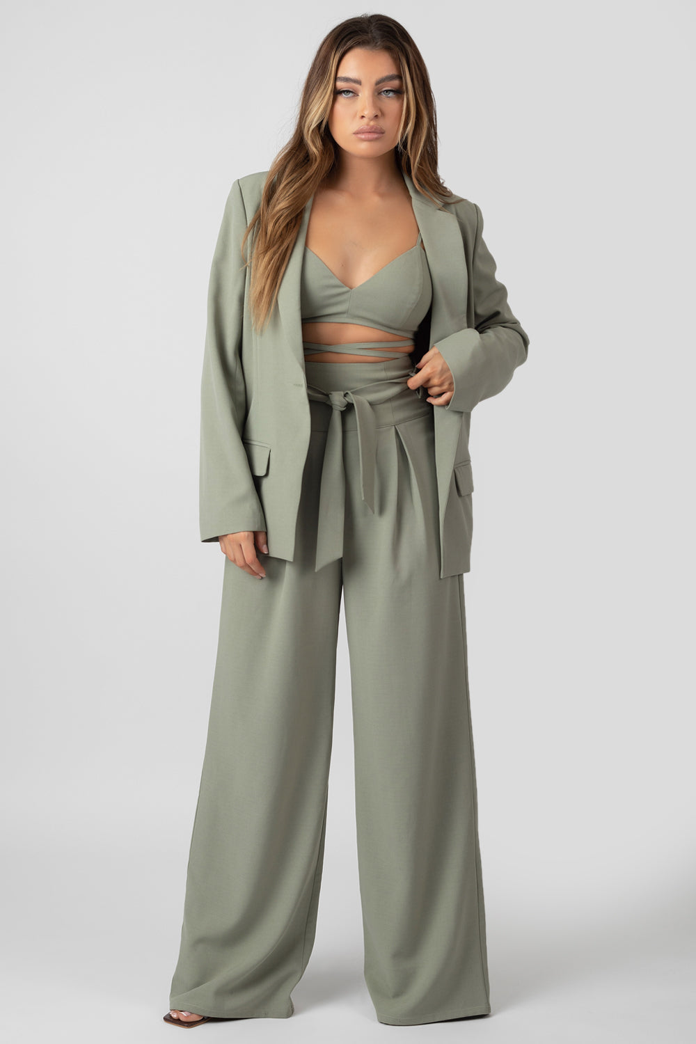 PREMIUM TIE WAIST WIDE LEG TROUSERS SAGE