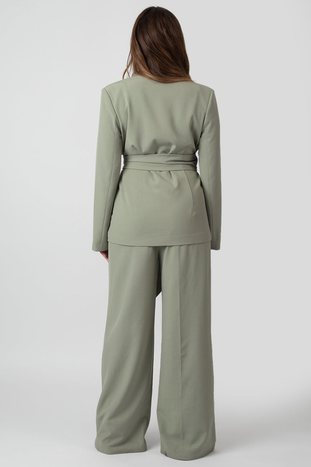 PREMIUM TIE WAIST WIDE LEG TROUSERS SAGE