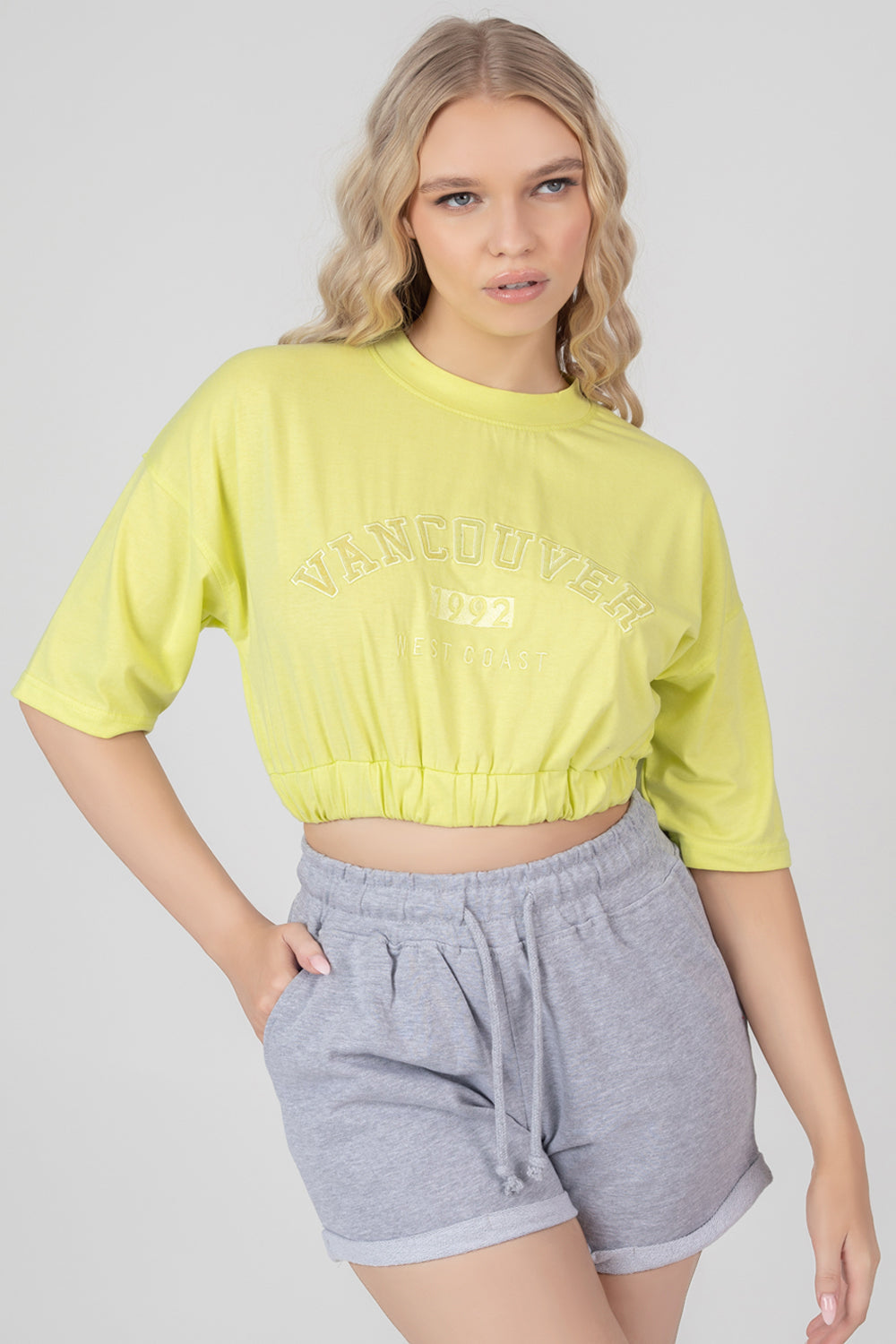 ELASTICATED HEM TONAL EMBROIDERED T-SHIRT LIME