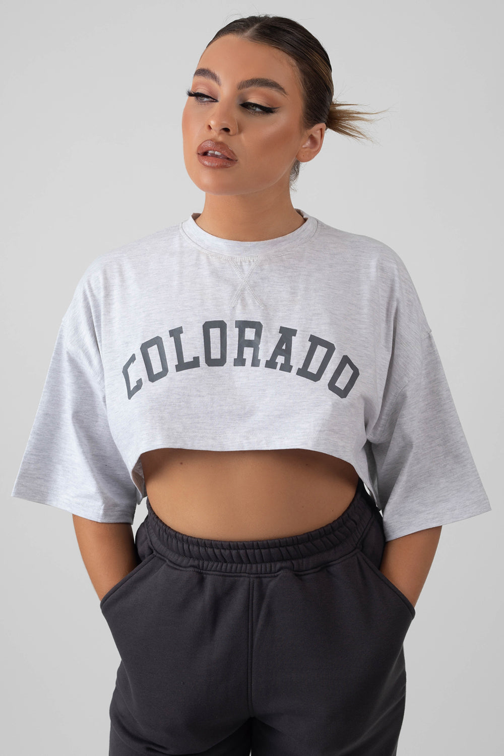 SUPER CROPPED PRINTED T SHIRT GREY