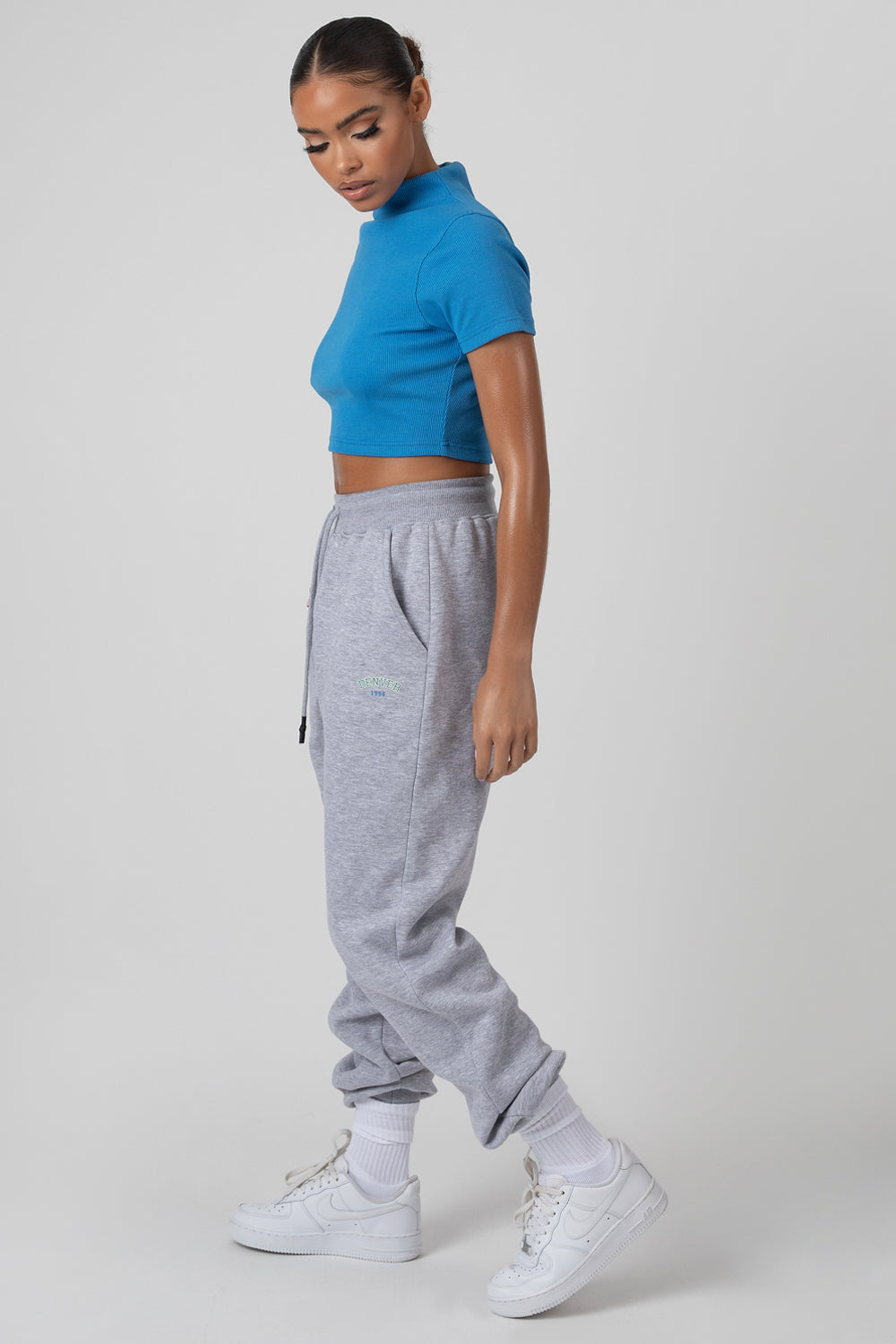 HIGH NECK RIBBED CROPPED T SHIRT BLUE