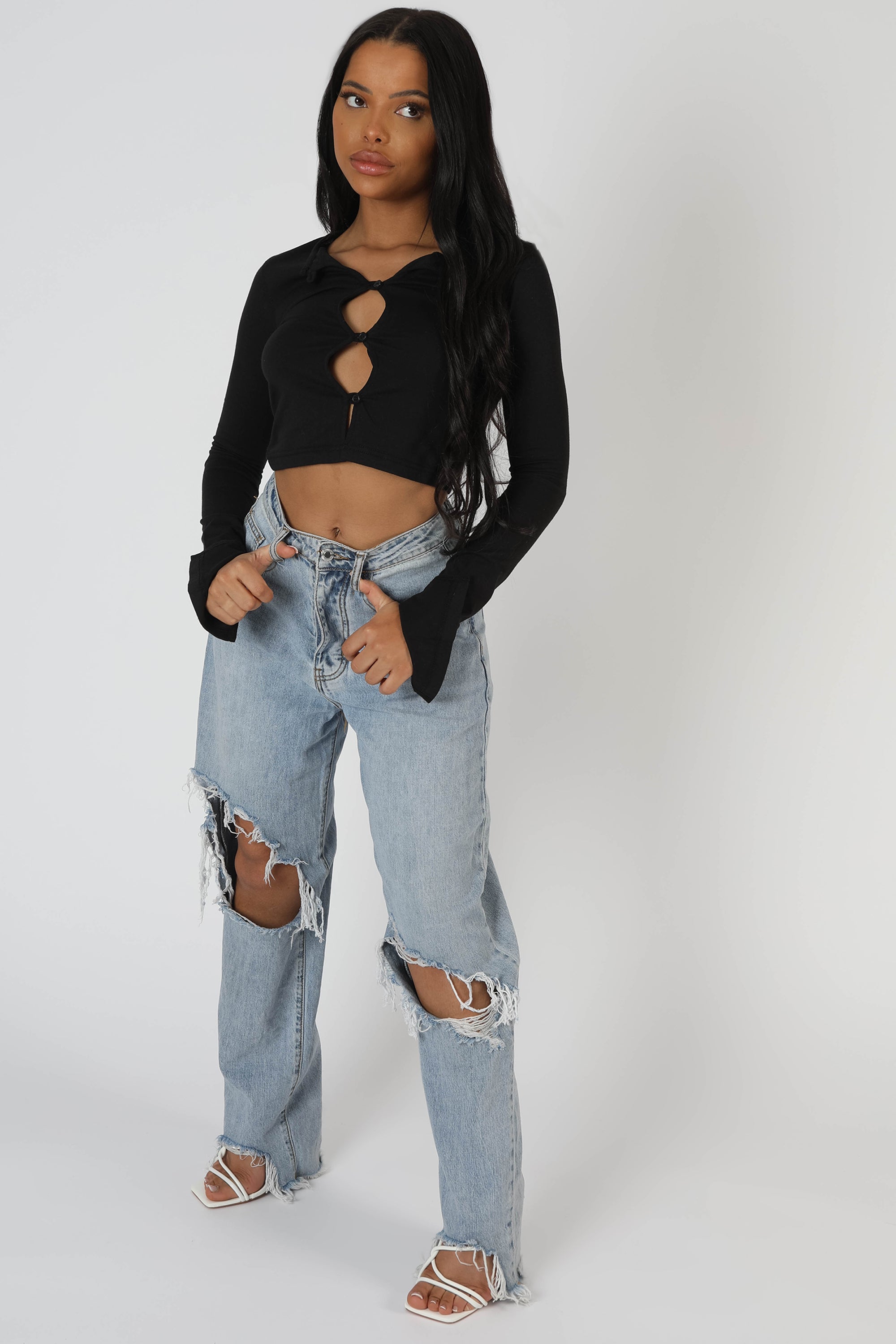 LONG SLEEVE BUTTON DETAIL CROP TOP BLACK