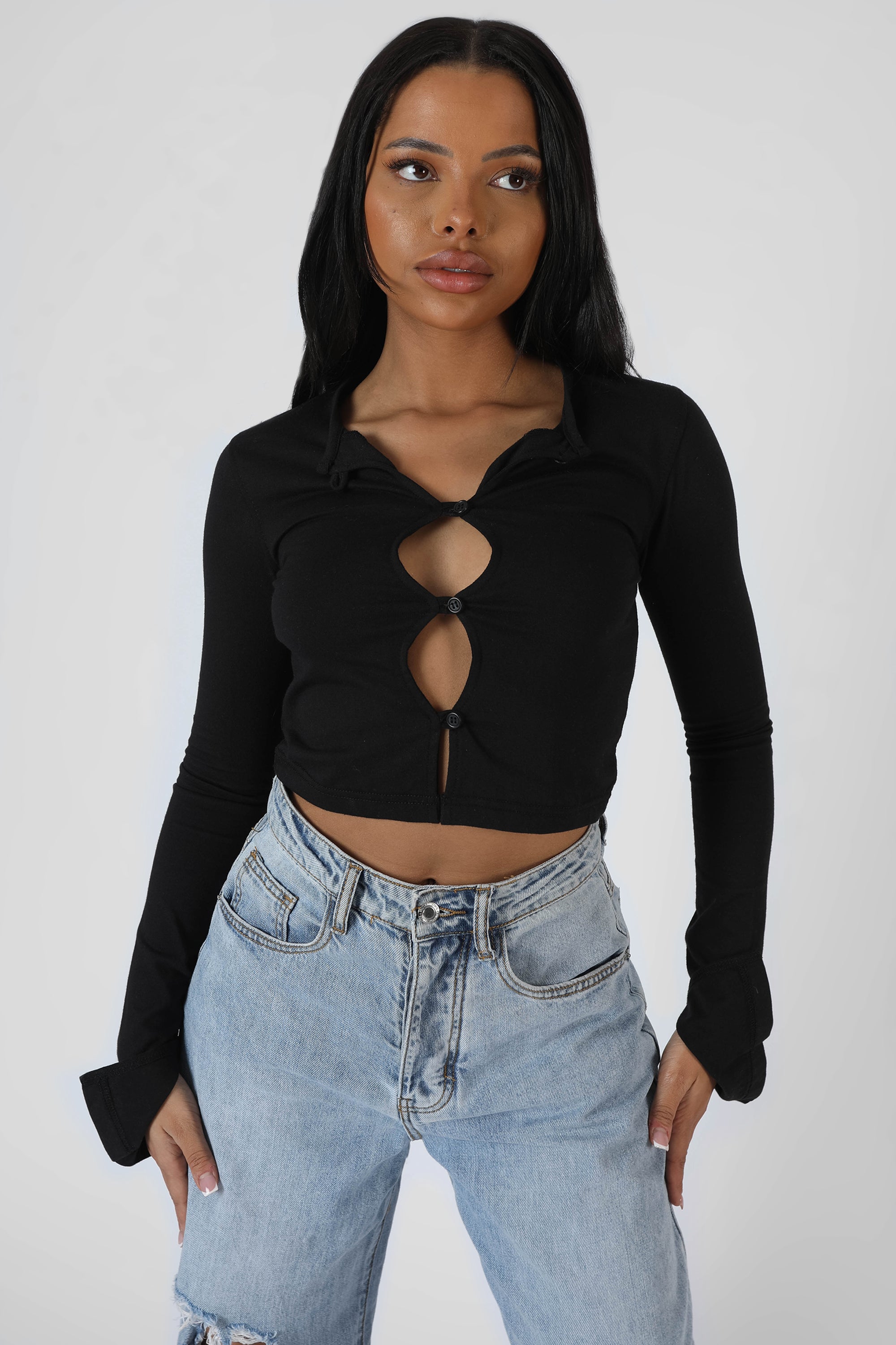 LONG SLEEVE BUTTON DETAIL CROP TOP BLACK