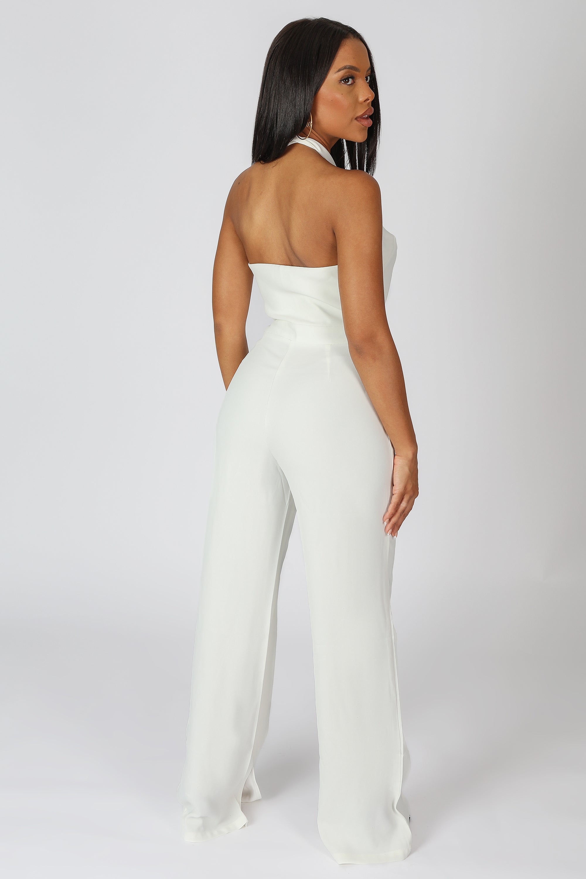 CROSS FRONT HALTER WIDE LEG JUMPSUIT WHITE