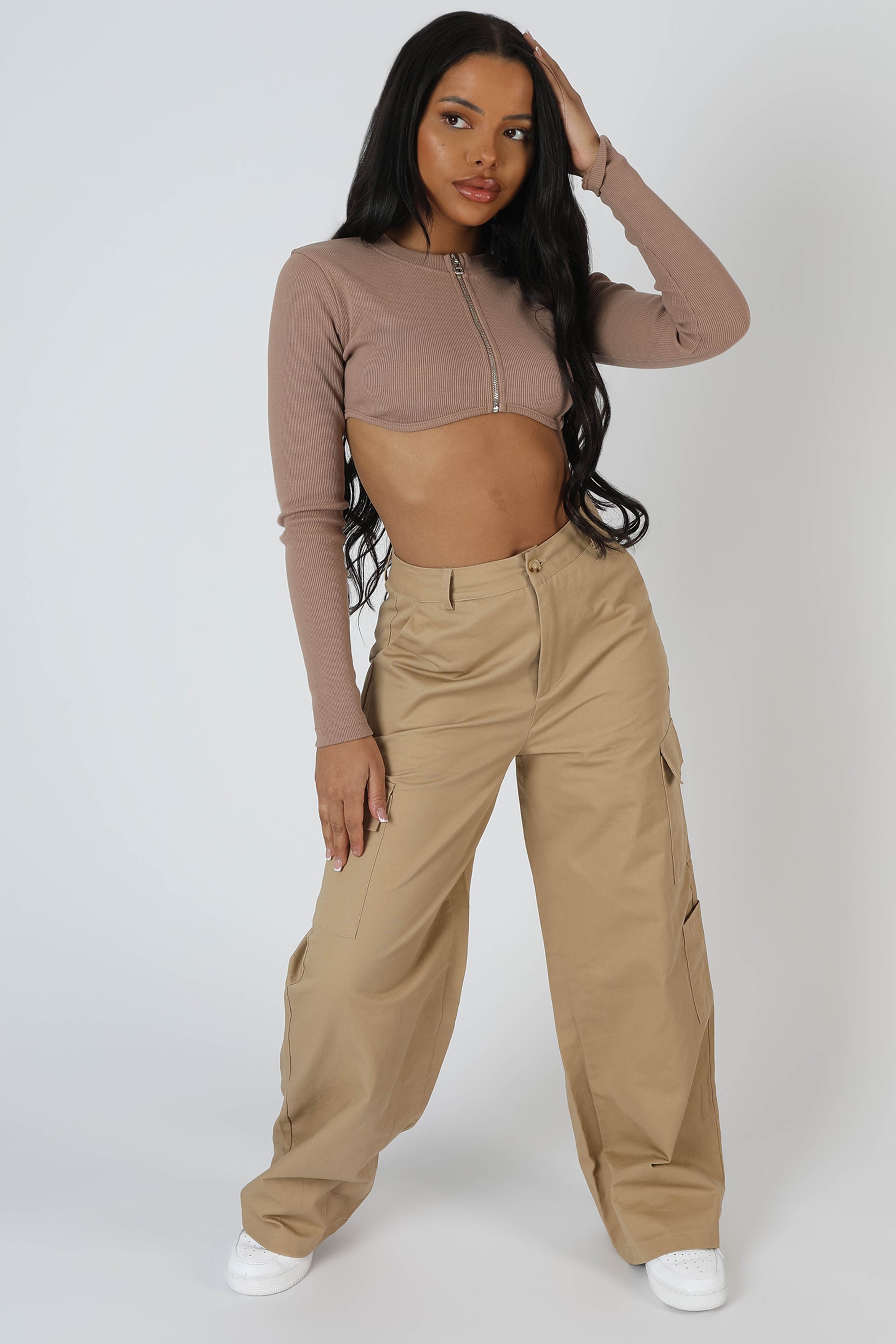 ZIP THROUGH UNDERBUST RIBBED TOP SAND