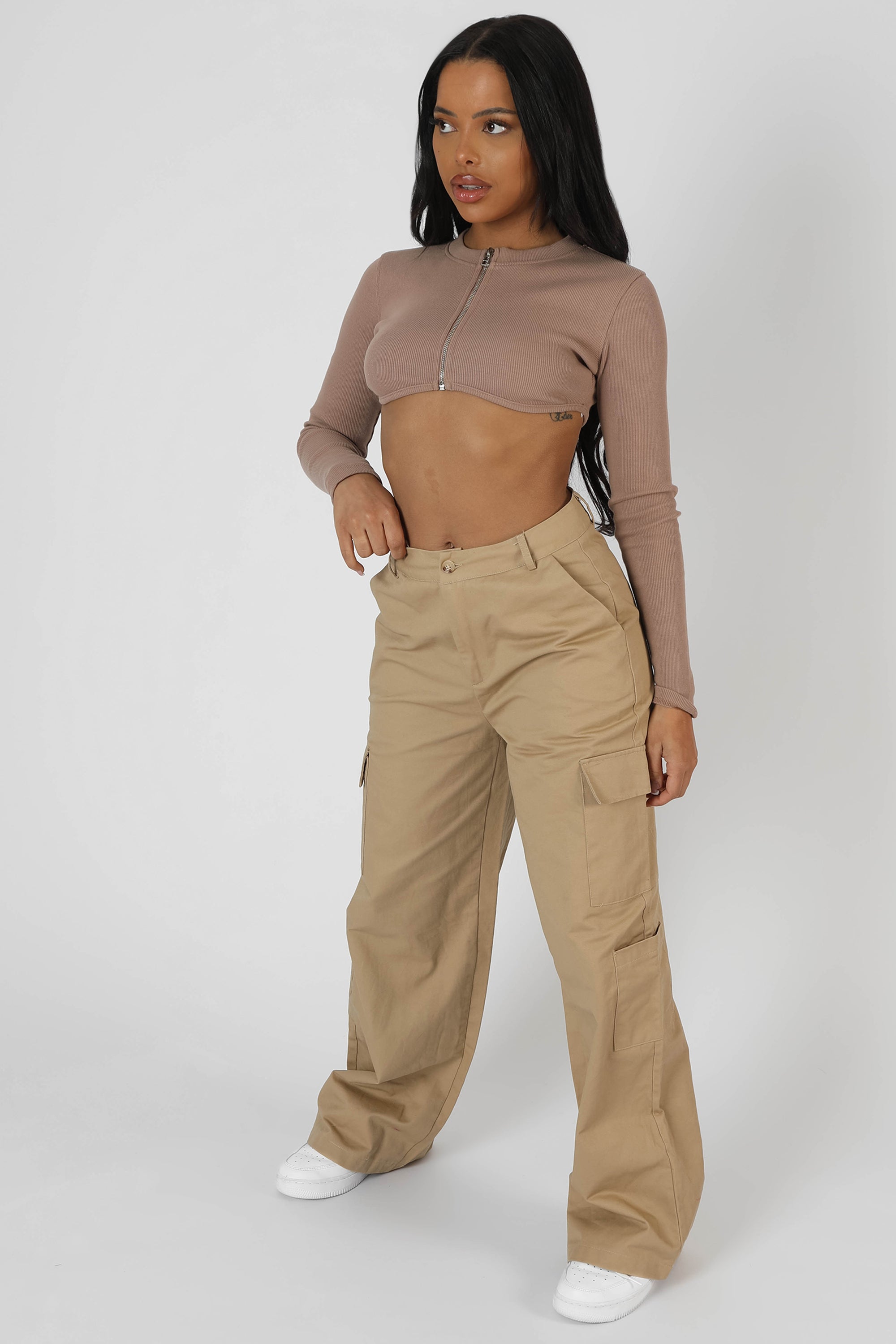 ZIP THROUGH UNDERBUST RIBBED TOP SAND