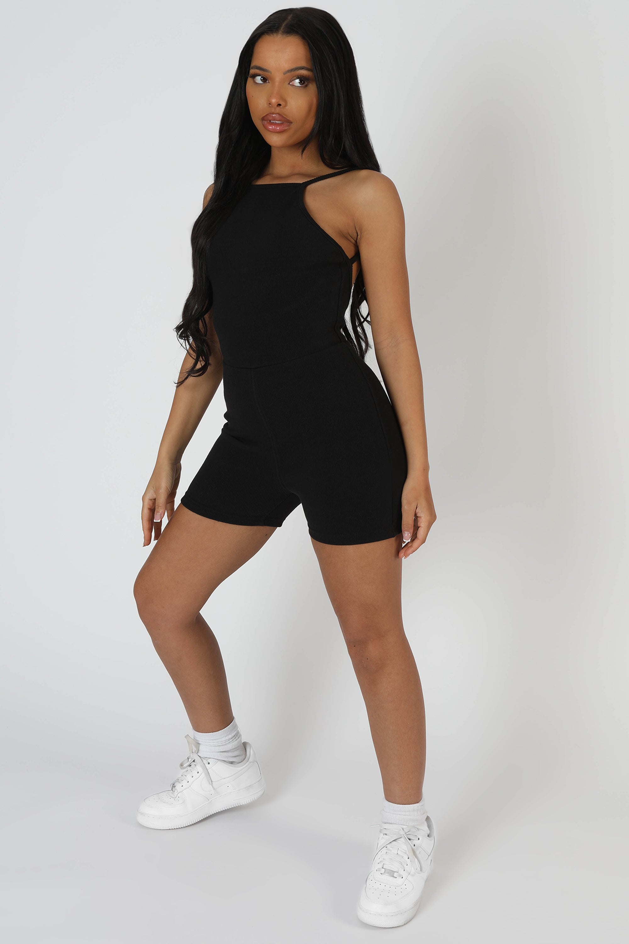 RACER LOW BACK RIBBED UNITARD JUMPSUIT BLACK