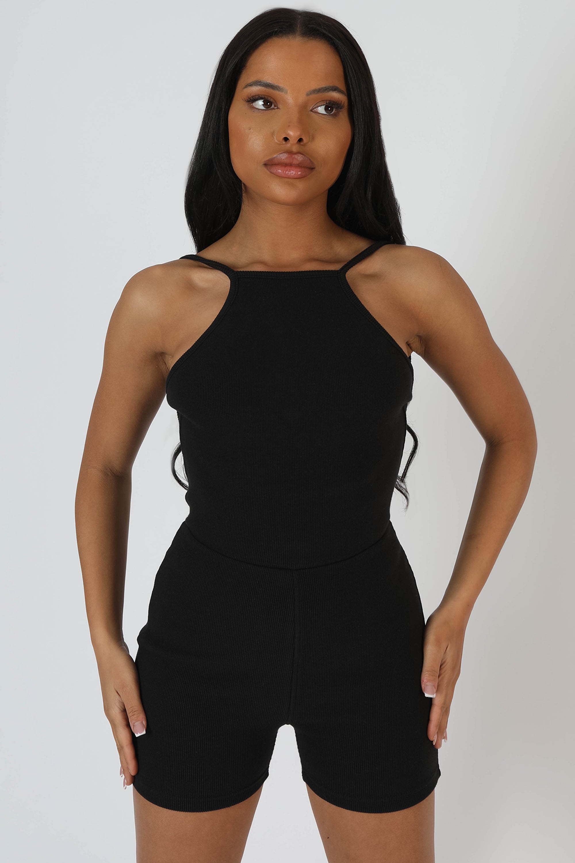 RACER LOW BACK RIBBED UNITARD JUMPSUIT BLACK