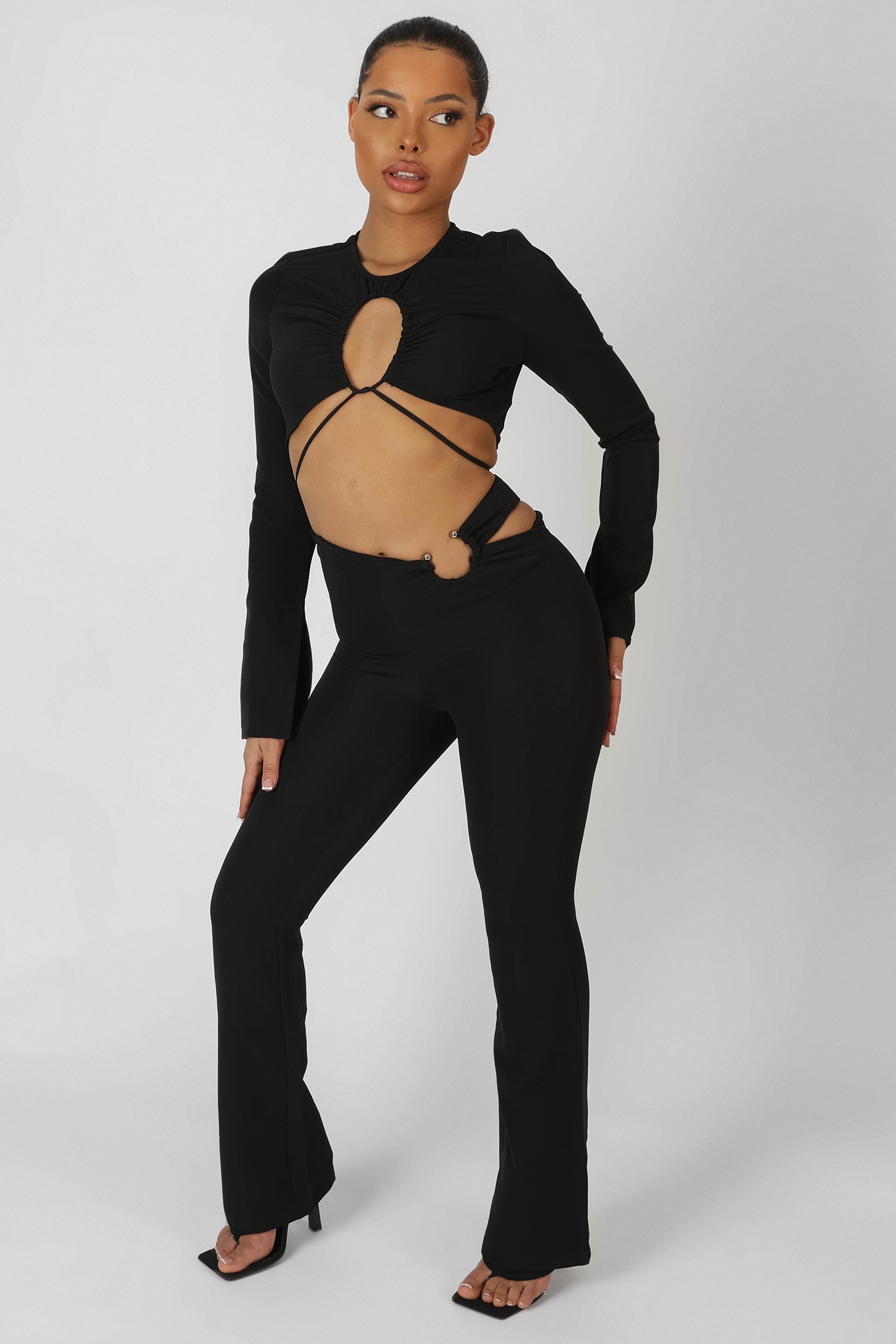 LOOP RUCHING LONG SLEEVE TOP WITH SPLITS BLACK