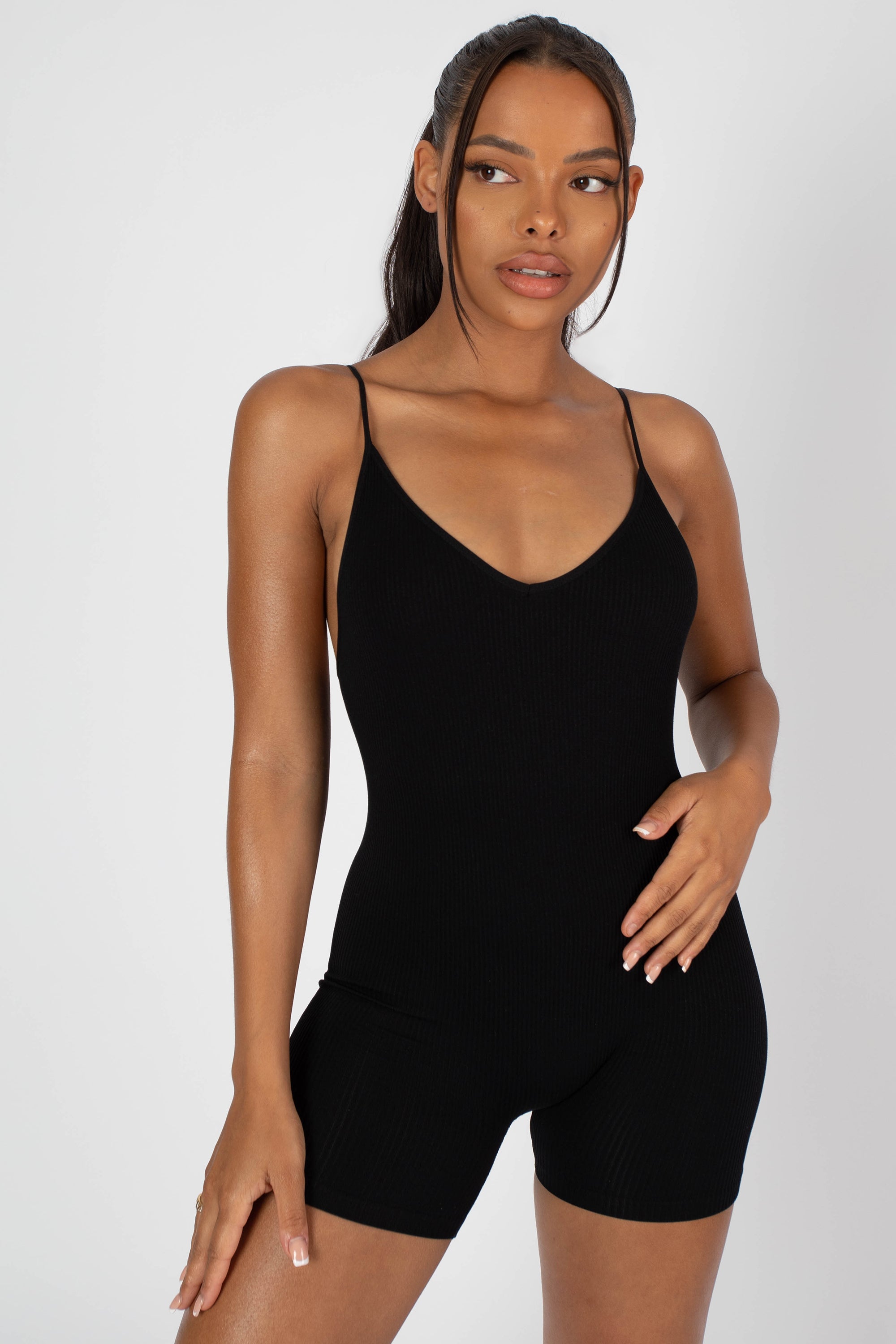 RIBBED SHORT UNITARD BLACK