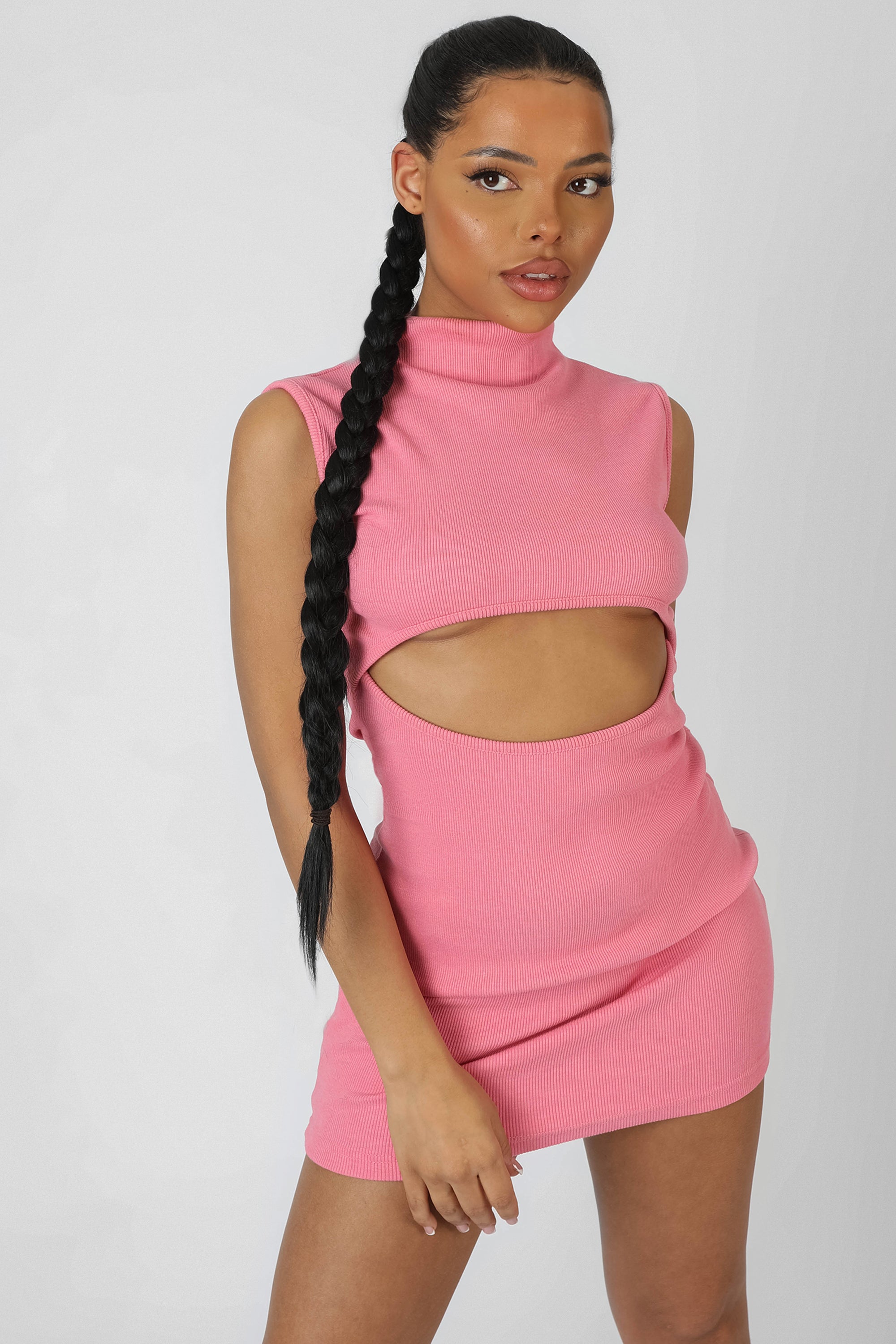 RIB CUT OUT BODYCON MINI DRESS PINK