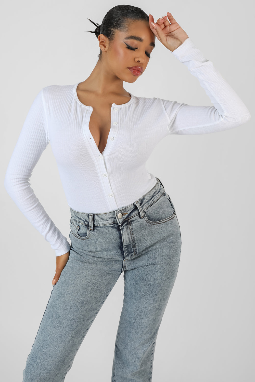 FRONT BUTTON LONG SLEEVE RIBBED BODYSUIT WHITE