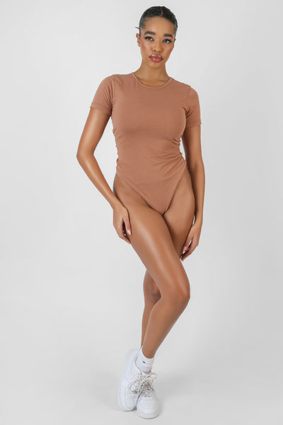 CREW NECK CAP SLEEVE BODYSUIT CAMEL