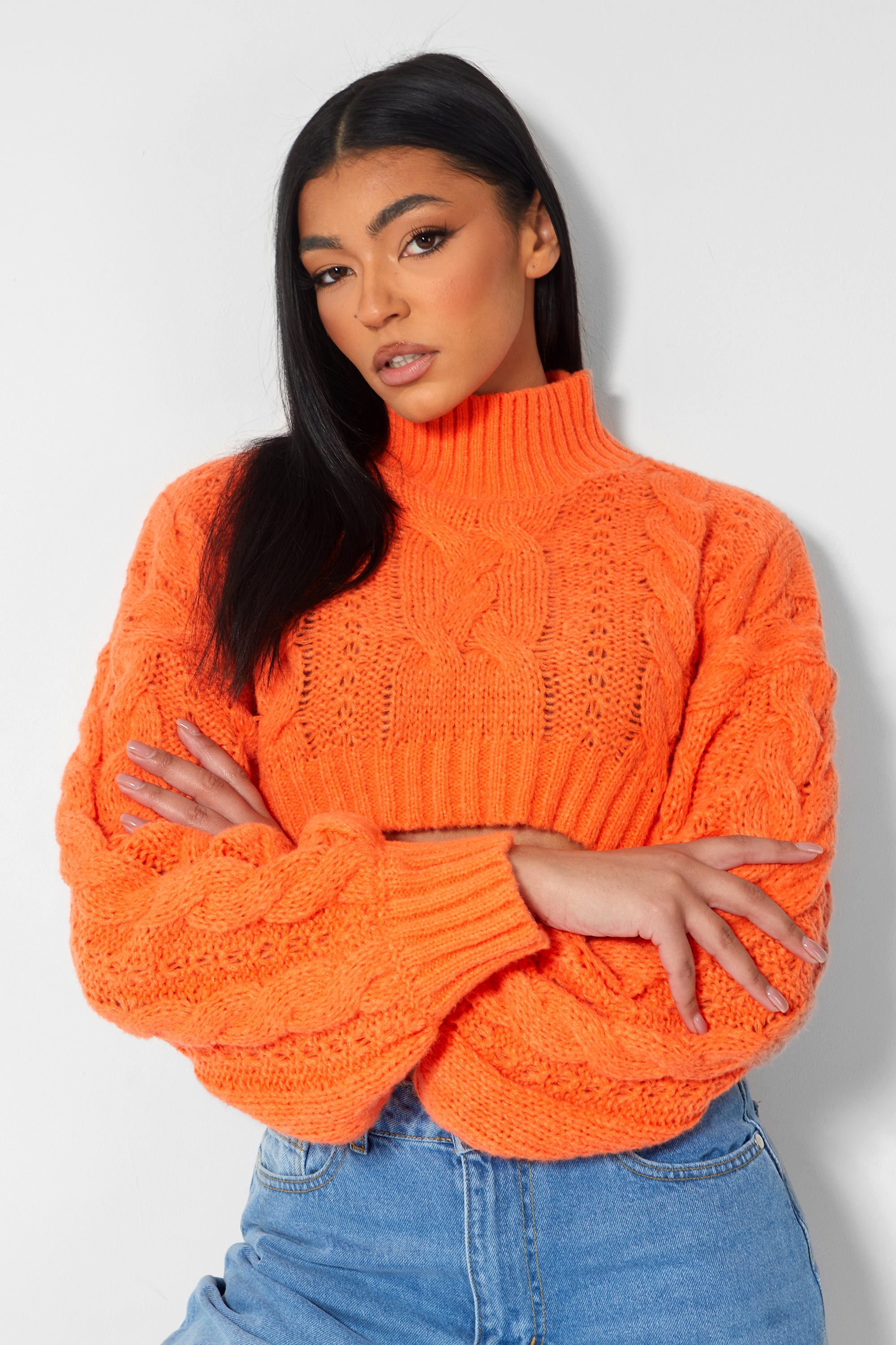 ROLL NECK CROPPED CABLE KNITTED JUMPER ORANGE