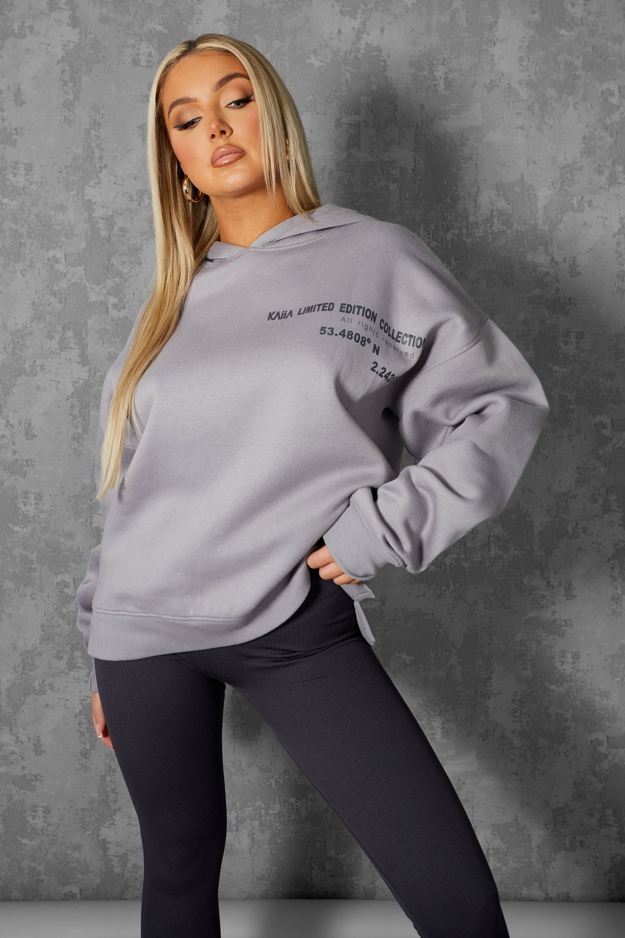 OVERSIZED TEXT DETAIL HOODIE GREY