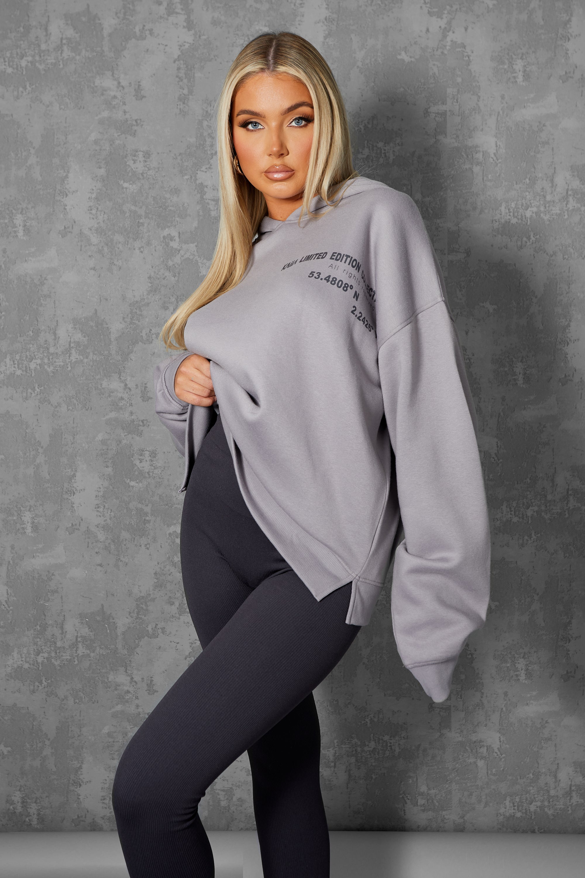 OVERSIZED TEXT DETAIL HOODIE GREY