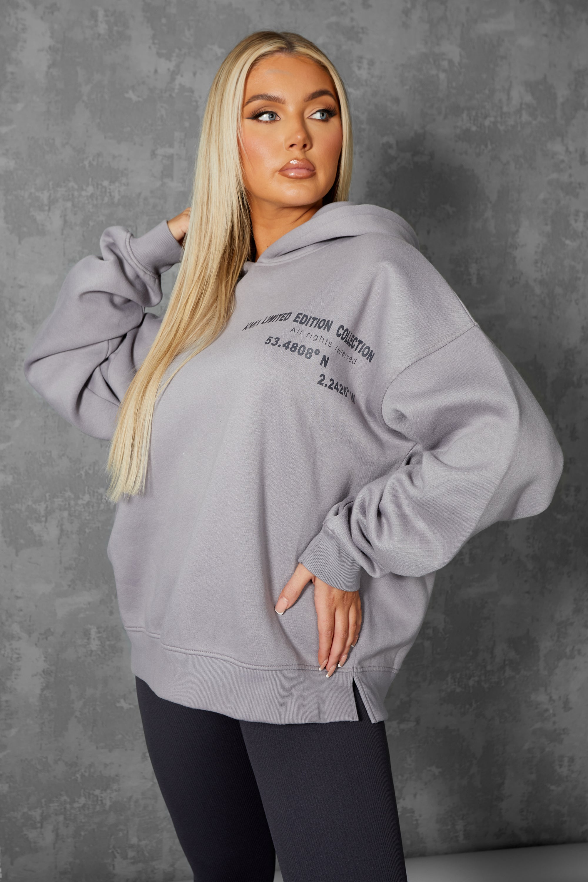 OVERSIZED TEXT DETAIL HOODIE GREY