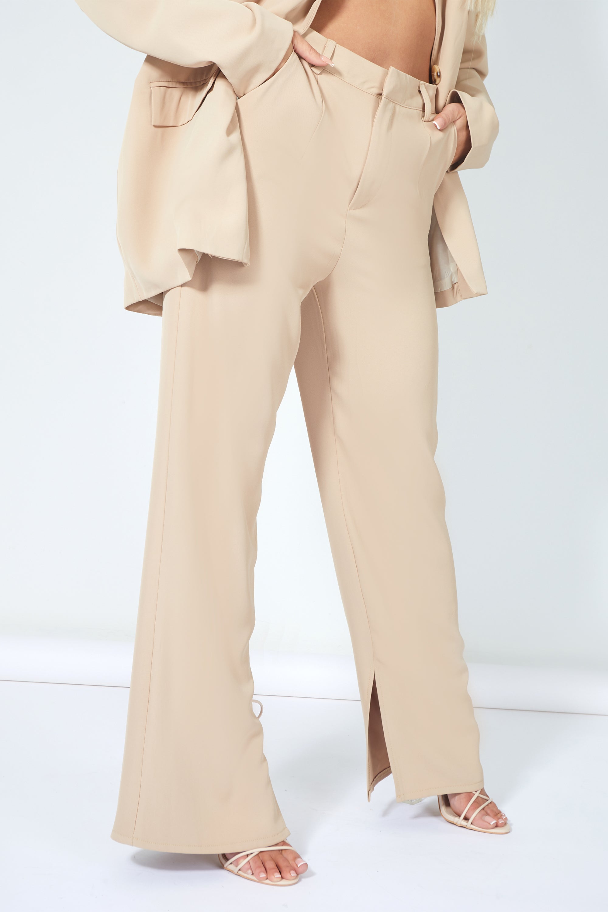 SPLIT DETAIL HIGH WAISTED DAD TROUSER SAND